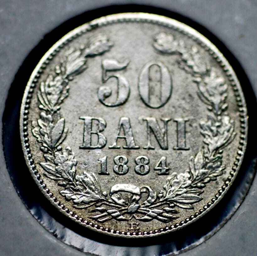 RARE!  1884 Romania 50 Bani Silver Coin *VF/XF 3