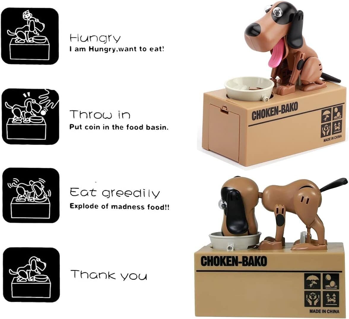 Hungry Puppy Dog Automatic Mechanical Piggy Bank. Brown & Black New In Box 5