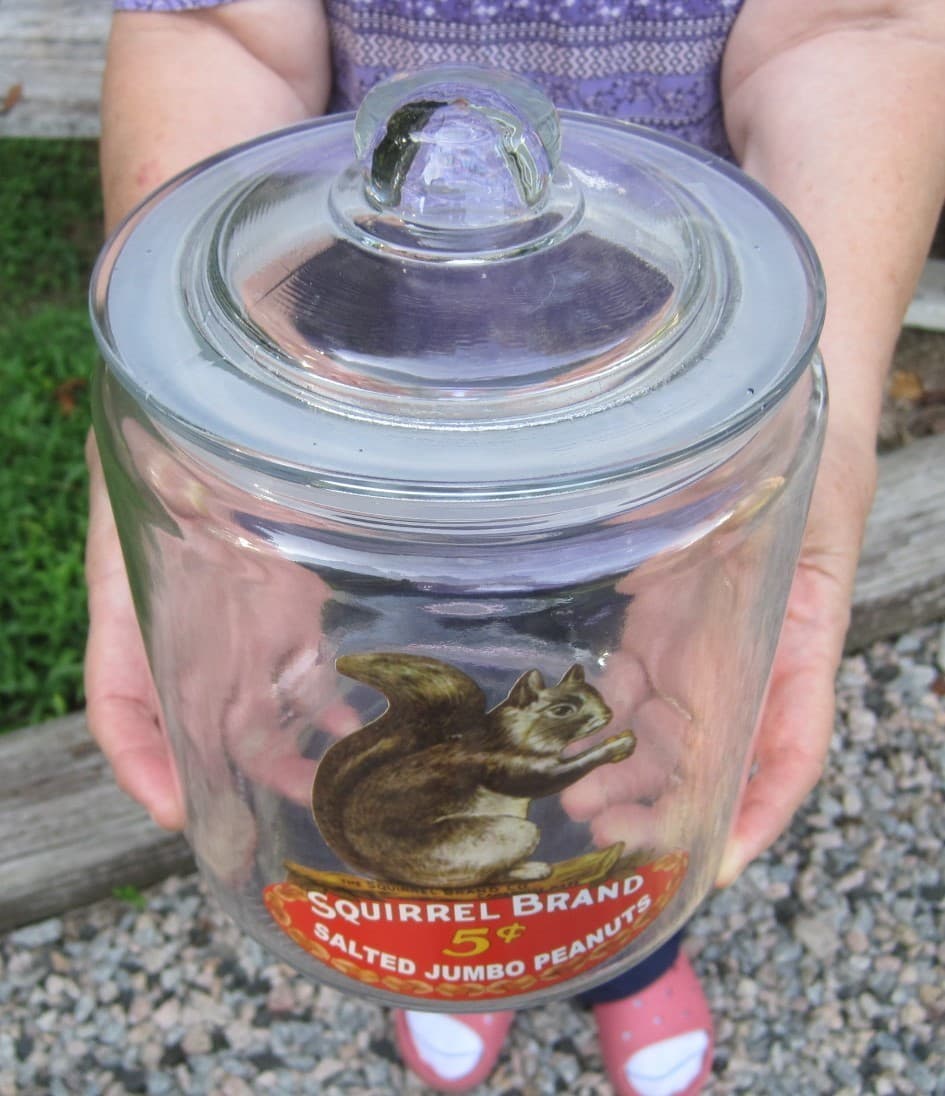 Squirrel Brand 5 Cent Salted Jumbo Peanuts Glass Advertising Counter Top Jar 5