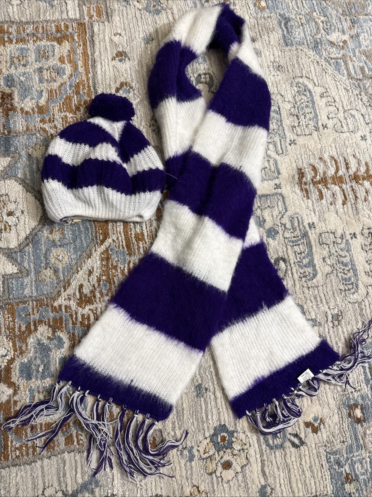 Vintage Sears Winter Scarf Beanie Set Purple White 62" L USA Tag Fringe Soft 4