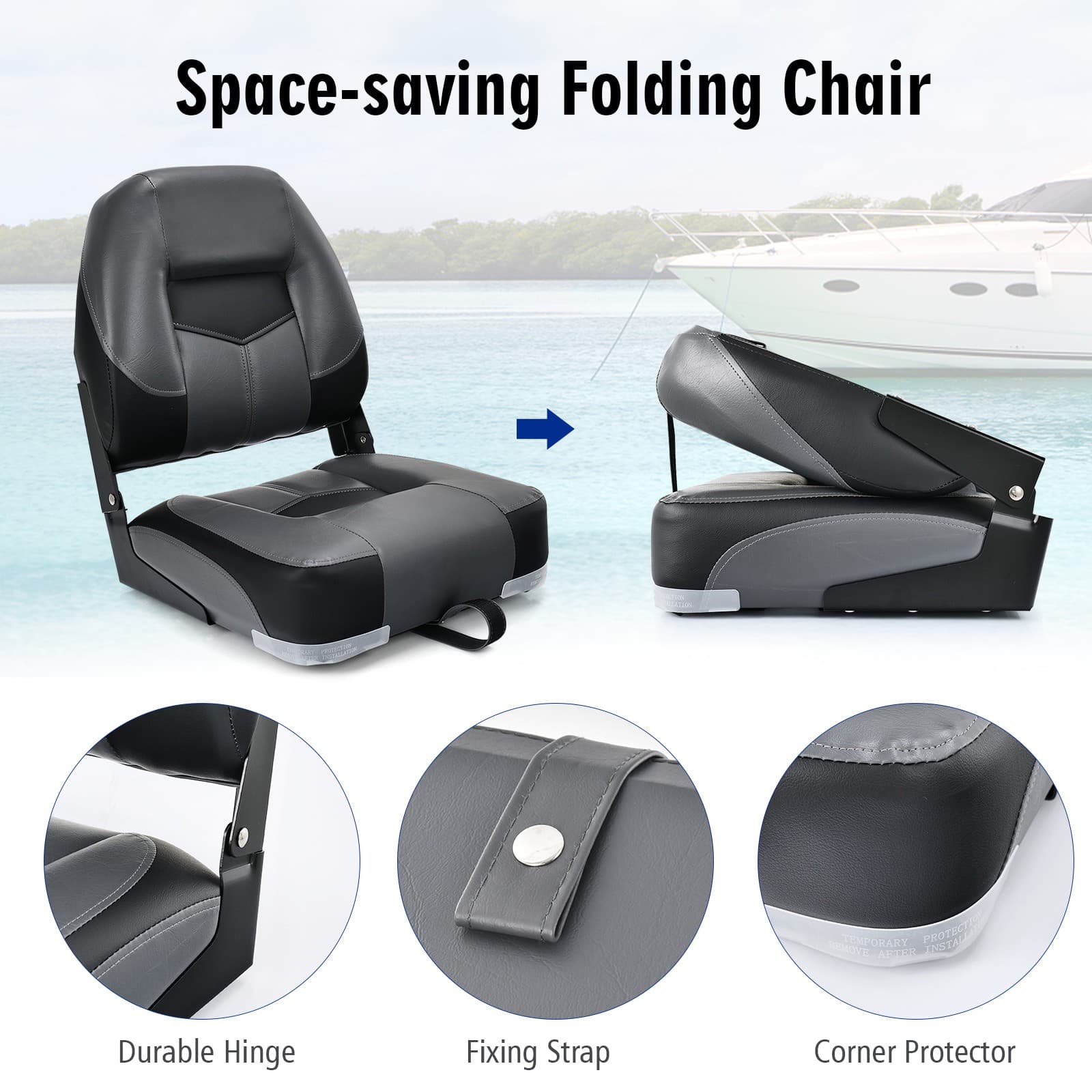 Set of 2 Folding Boat Seats Faux Leather Low Back Captain Chairs w/ Metal Hinges 5