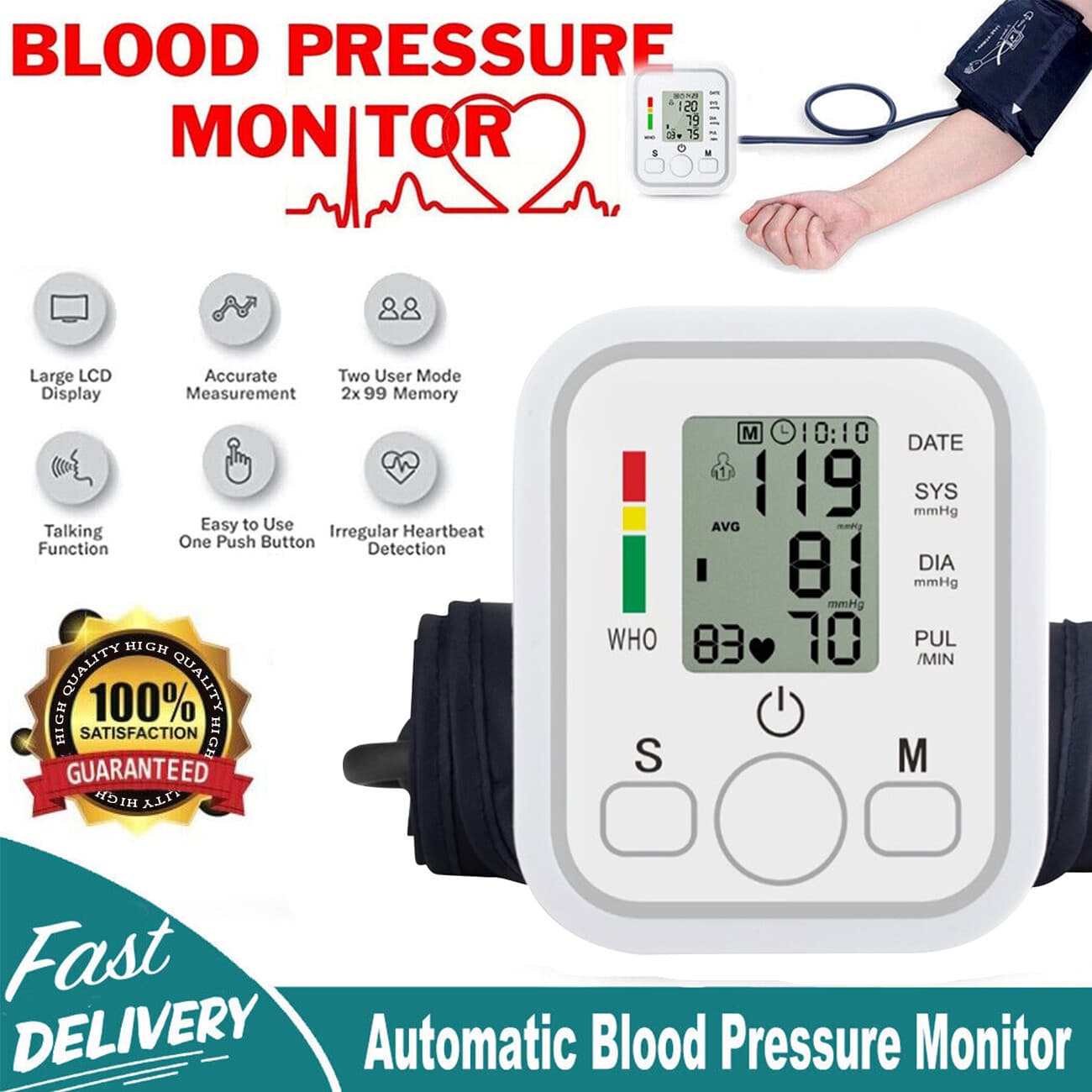 Automatic Upper Arm Blood Pressure Monitor Pulse Meter BP Machine Voice Talking 3