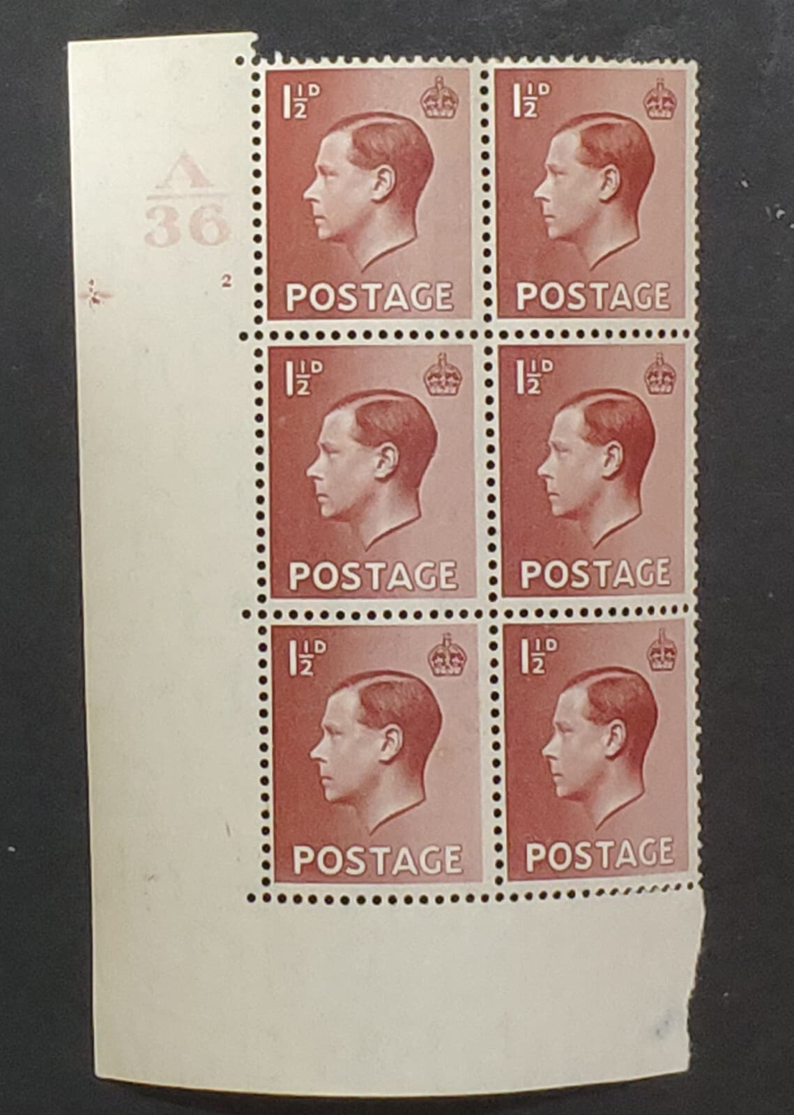 GB. KE8th 1936. ERROR! 11/2d Cyl block A 36  "2". MUH.