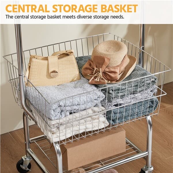 Heavy duty Garment Organizer Laundry Cart With Storage Basket Double Pole Rack 5