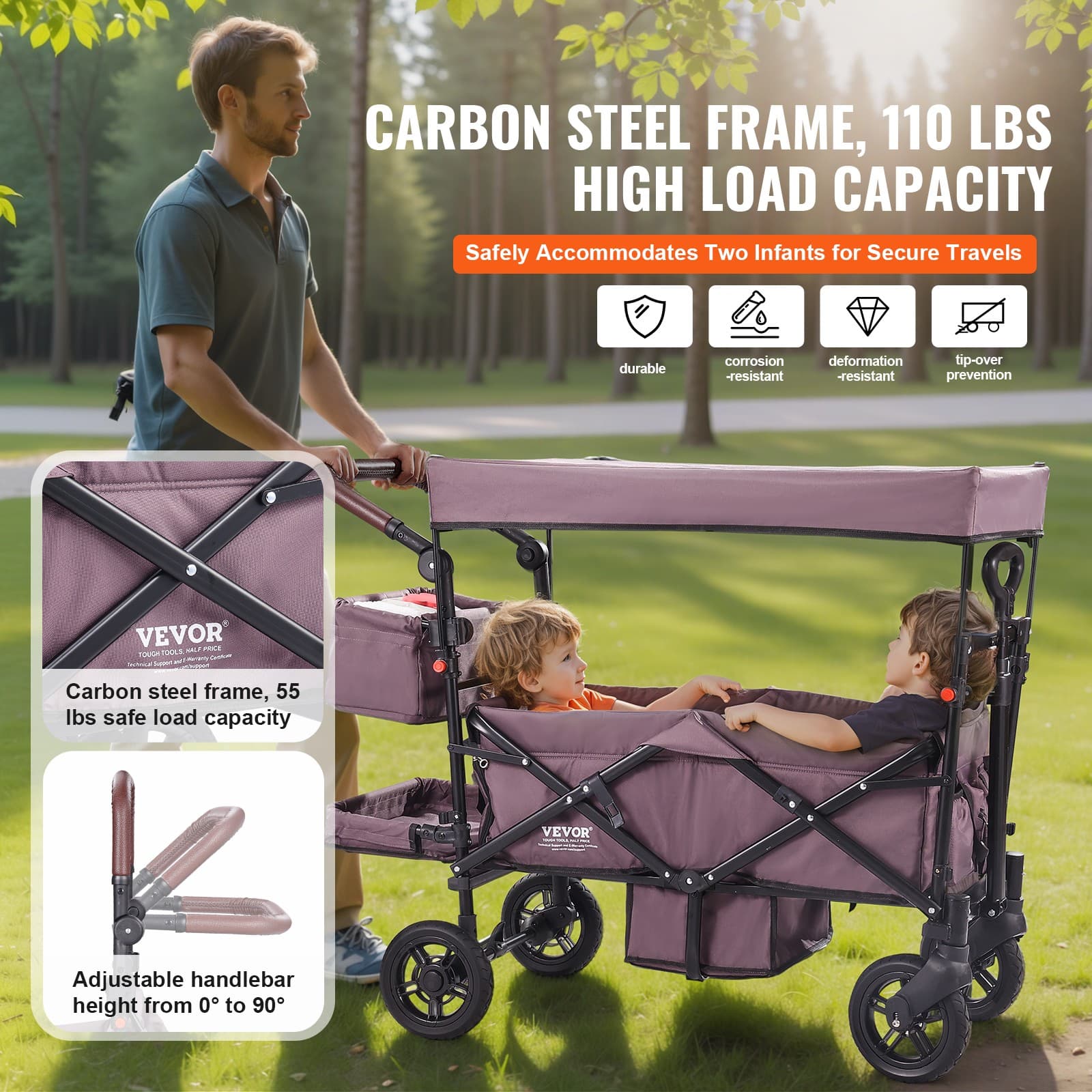 VEVOR Wagon Stroller Push Pull Quad Collapsible for 2 Kids w/ Canopy Dark Purple 3