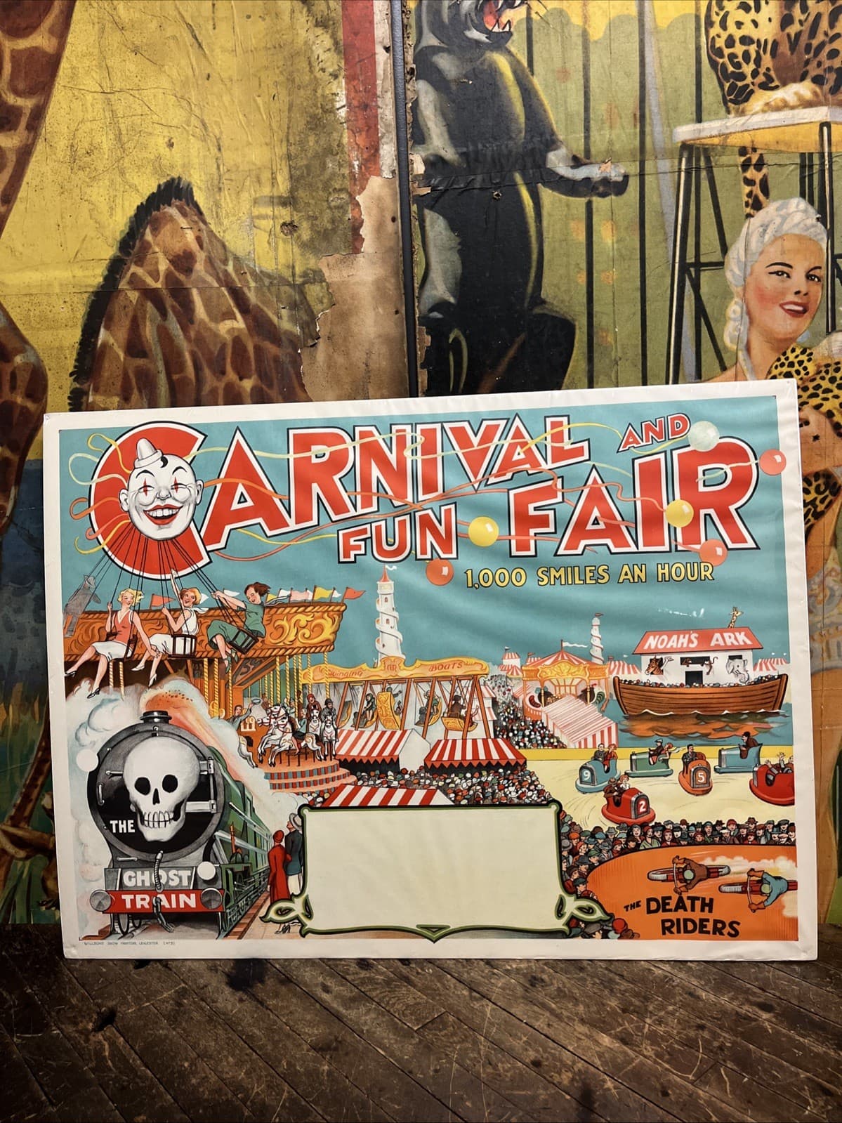 VINTAGE C. 1930 CARNIVAL & FUN FAIR POSTER SIGN DEATH RIDERS SIDESHOW CIRCUS HTF