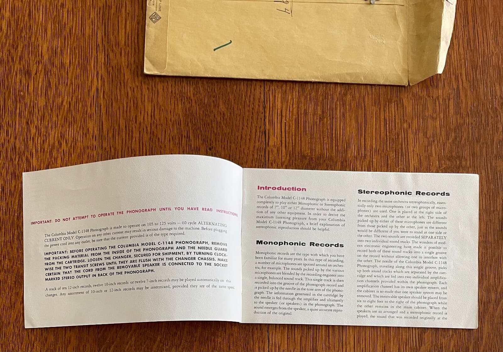 Vintage Original COLUMBIA PHONOGRAPH MODEL C-1148 Instruction Manual Envelope 3