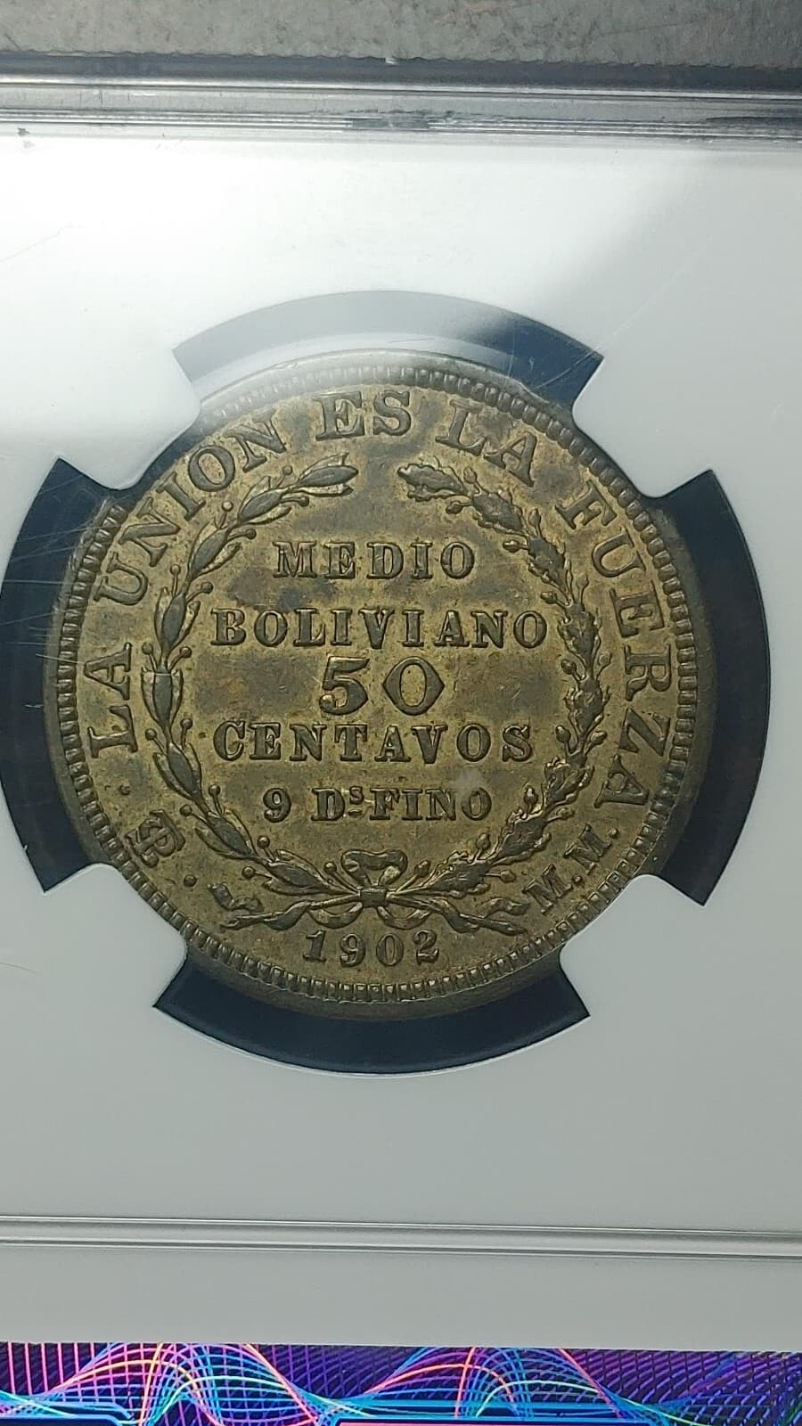 1902 PTS MM Bolivia Brass Pattern 50 Centavos NGC AU55                      2688 4