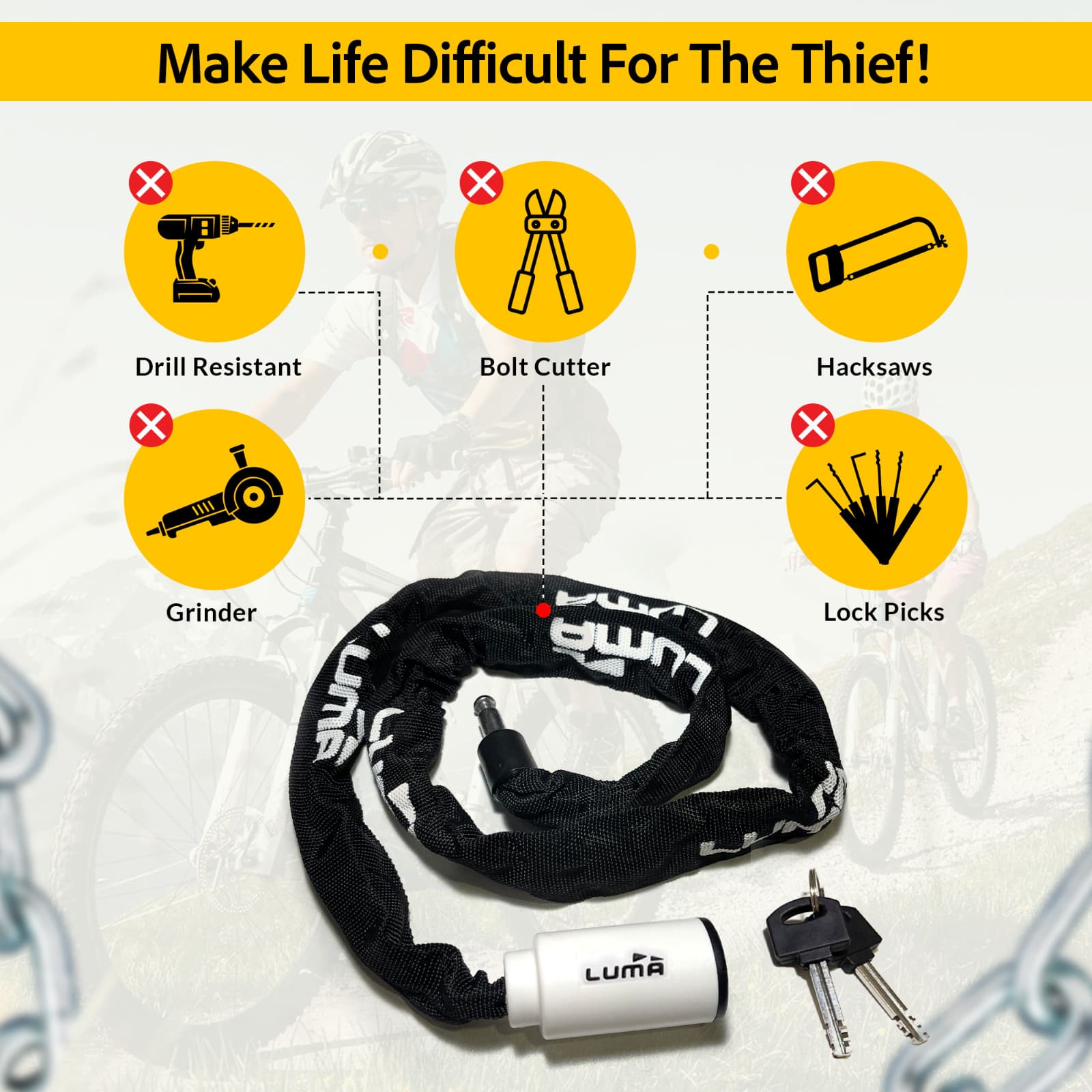 LUMA Enduro 8 Heavy Duty 59-Inch Large Bike Chain Lock with Keys 2