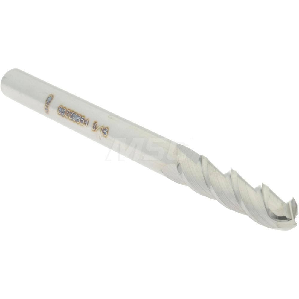 Accupro 3/16" Diam, 3/4" LOC, 3 Flute Solid Carbide Ball End Mill Uncoated, S... 2