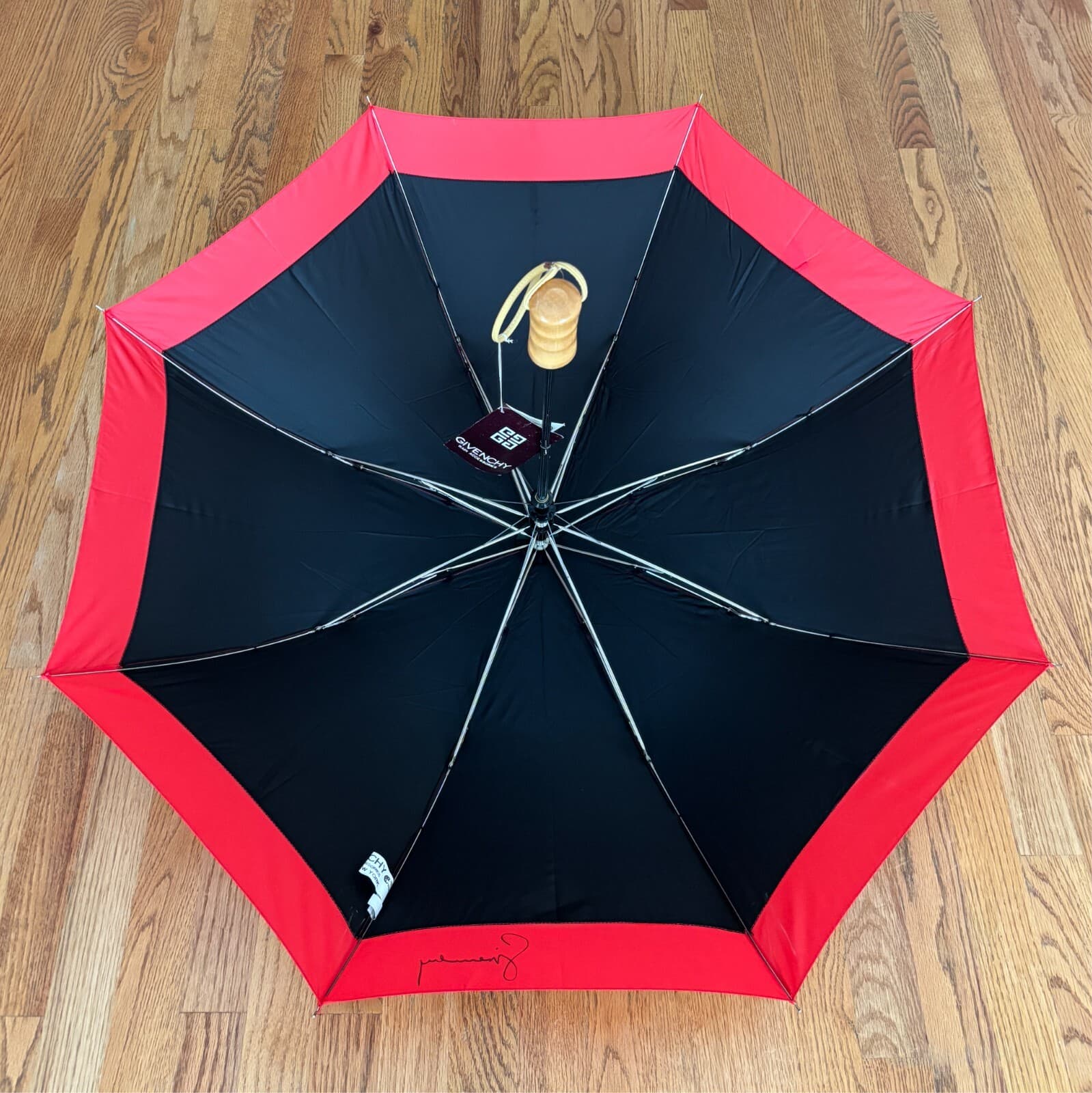 English Mist GIVENCHY Folding Travel Umbrella – Black w/ Red Trim – Brand New! 4
