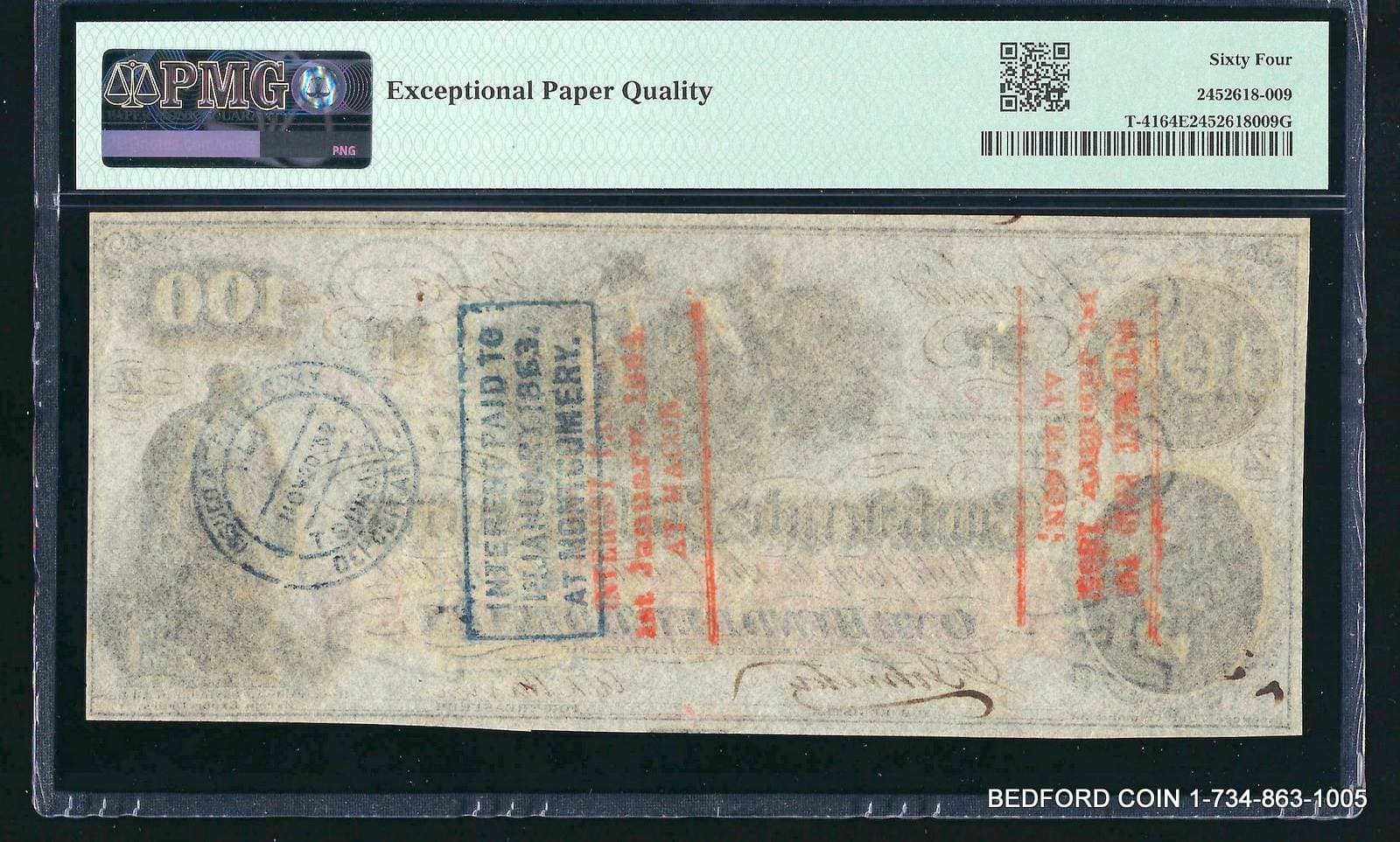 PMG CU 64 EPQ 1862 $100 CONFEDERATE STATES OF AMERICA T-41 NOTE INTEREST STAMPS 2