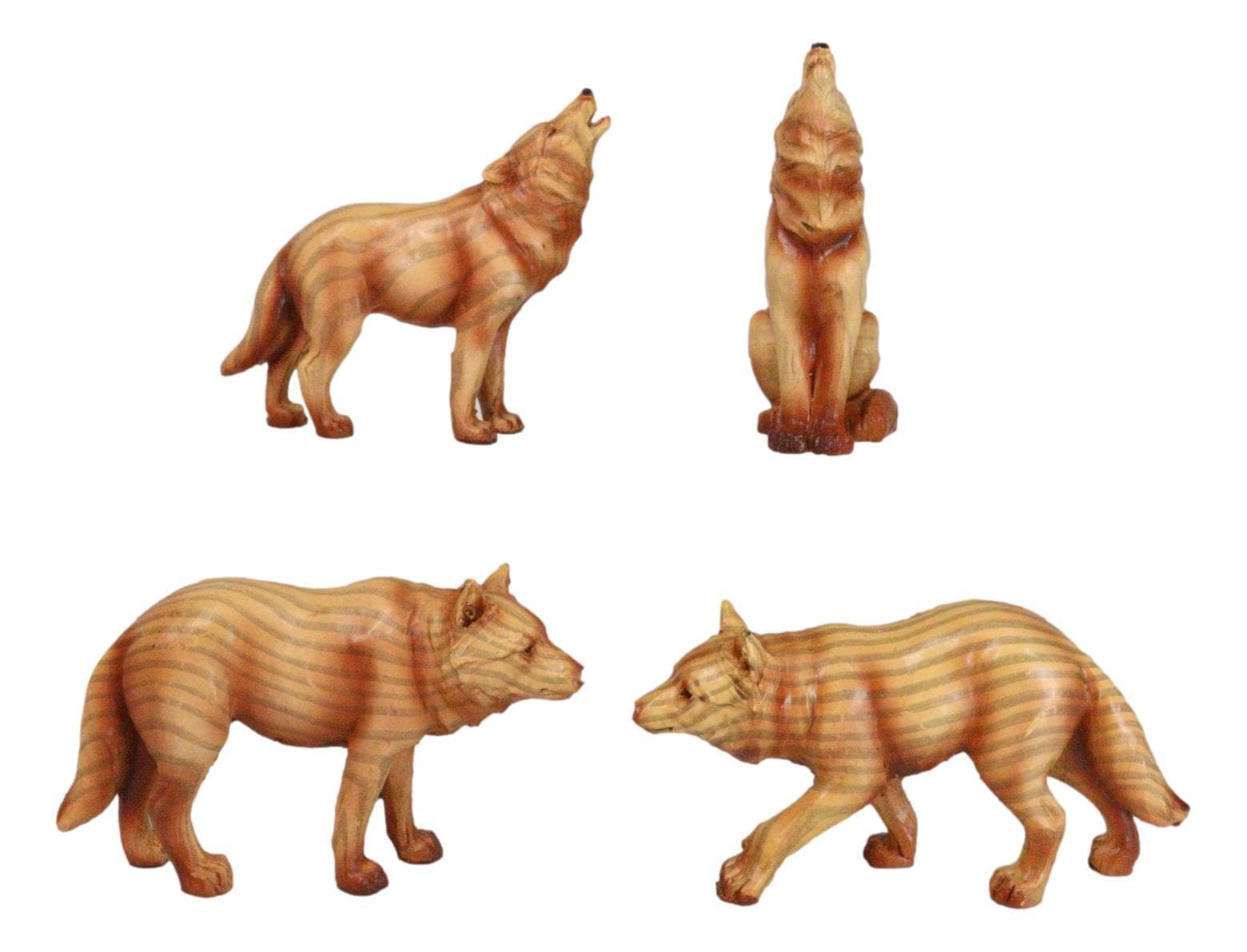 Pack of 4 Full Moon Howling Scouting Pose Alpha Gray Wolf Faux Wood Figurines 5