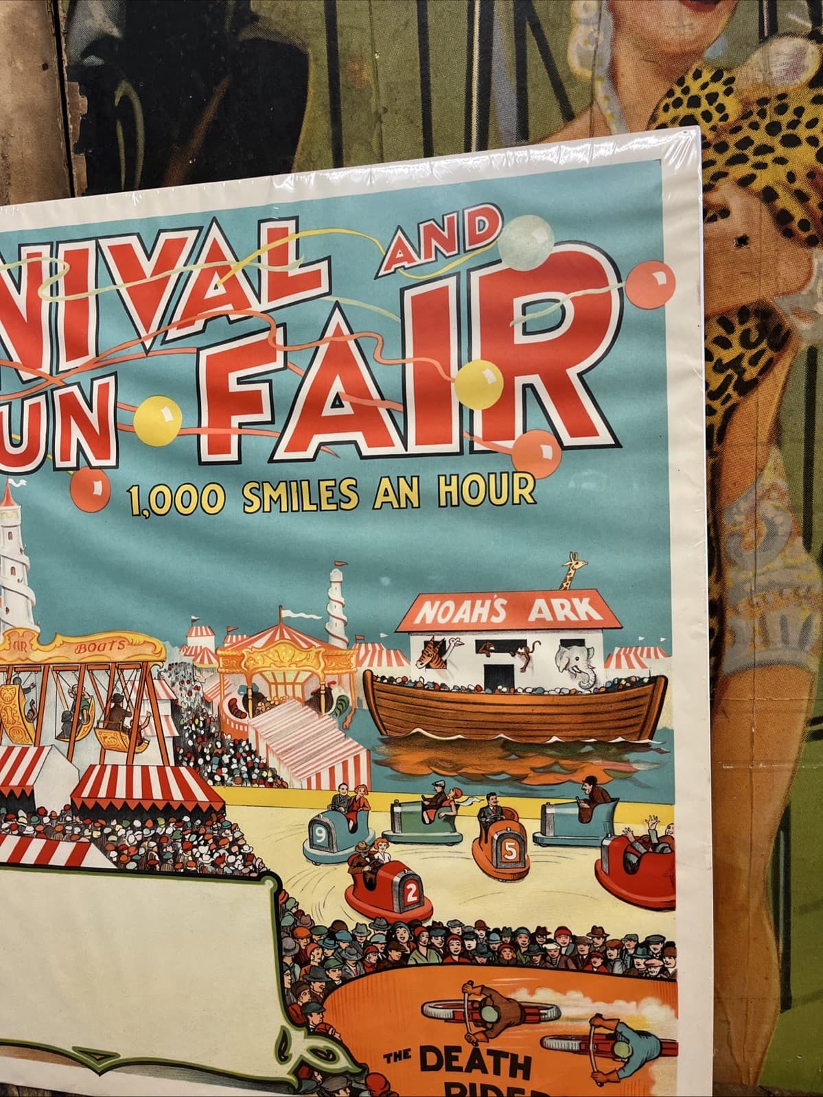 VINTAGE C. 1930 CARNIVAL & FUN FAIR POSTER SIGN DEATH RIDERS SIDESHOW CIRCUS HTF 5