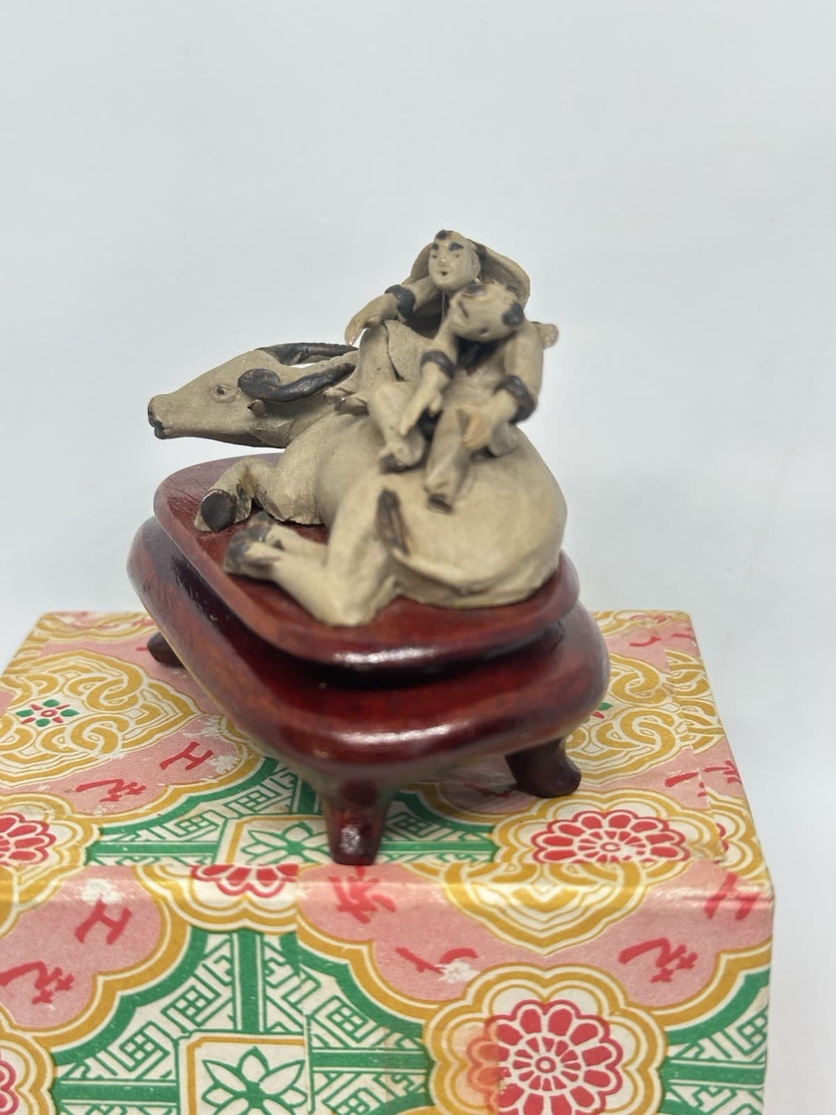 Chinese Miniature Mud Men Two Men on Ox on Base Boxed READ 3