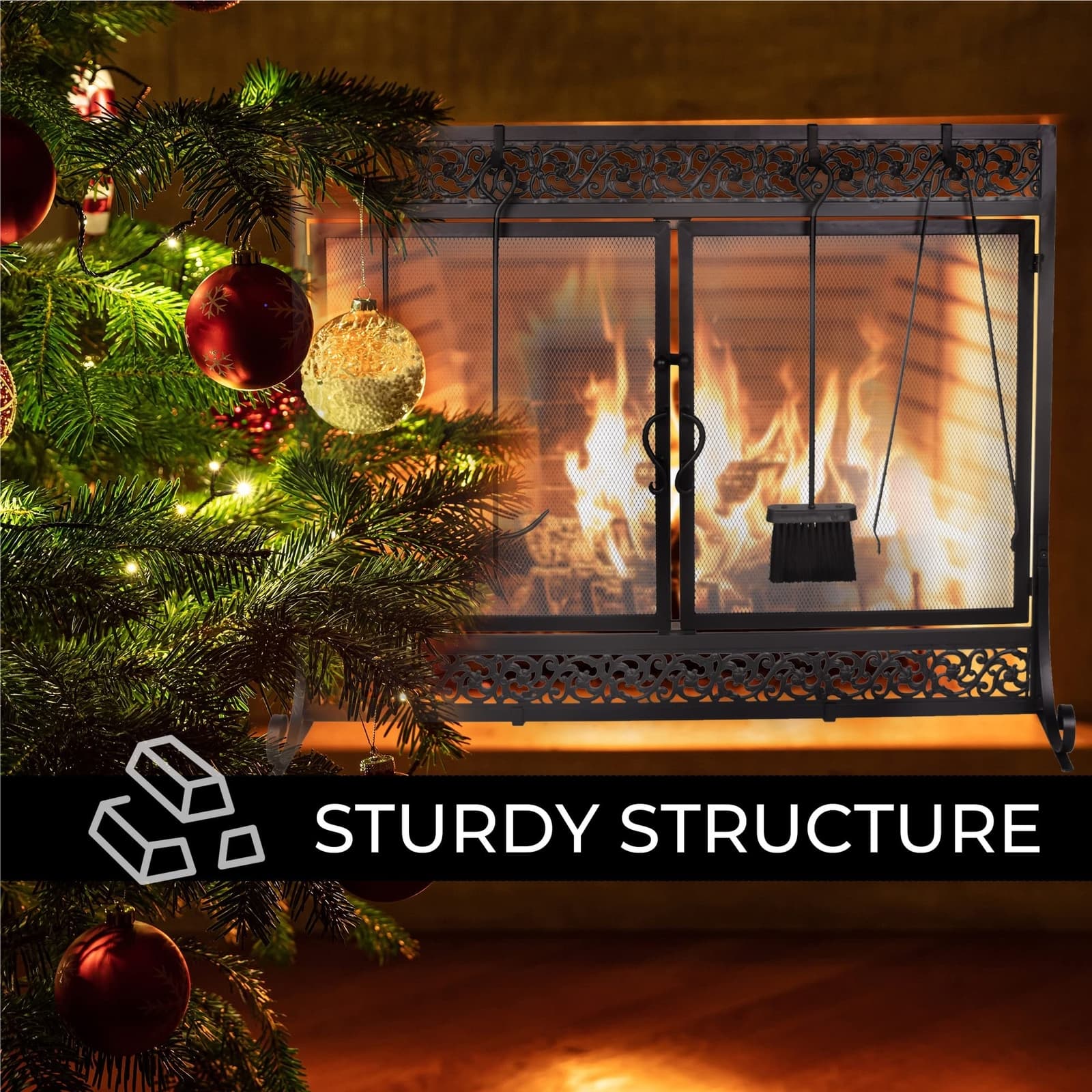 Metal Fireplace Screen Scrollwork Black Design Adjustable Feet Two-Doors 4