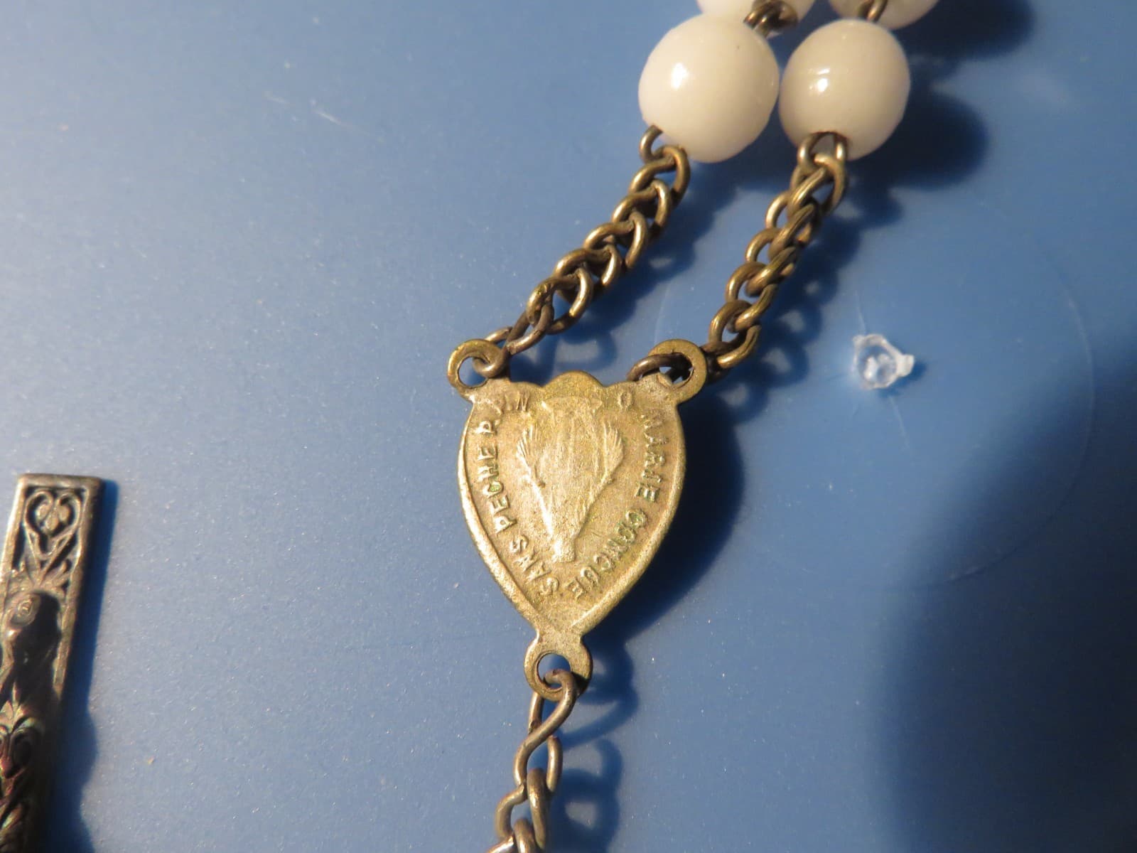 Old French Rosary White Glass Beads Virgin Mary Center Medal 6