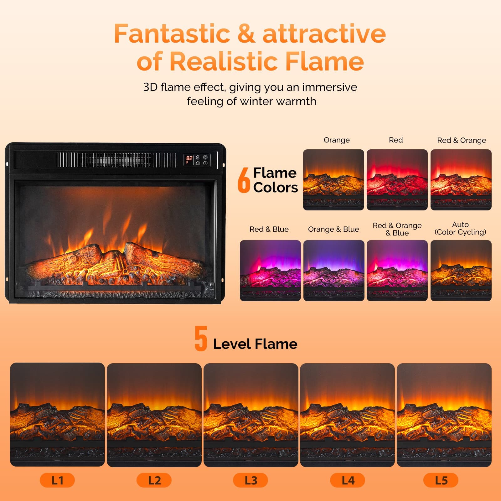 23" Embedded Electric Fireplace Insert Heater 6 Colors Realistic Flame Remote 5