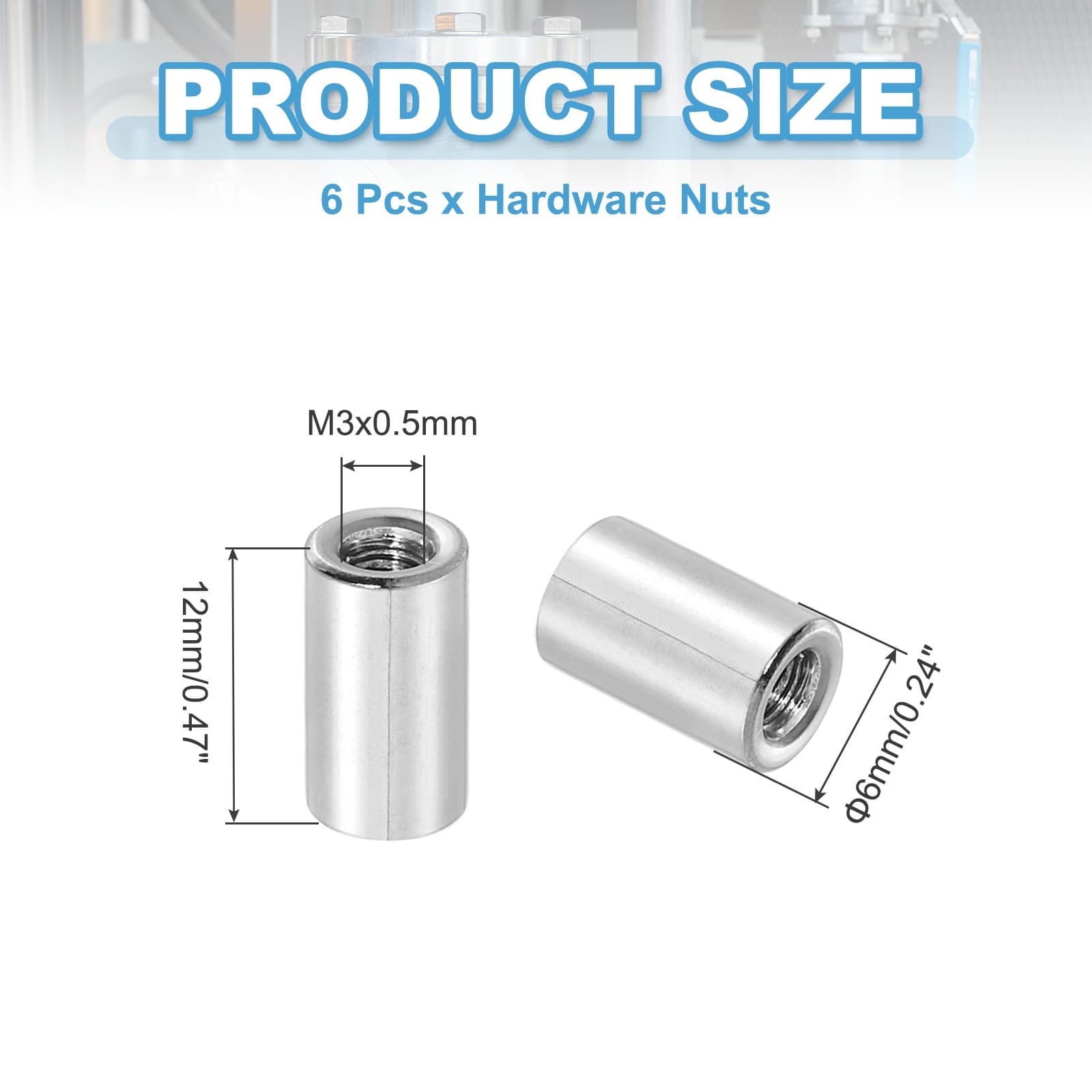 6Pcs 304 Stainless Steel M3x0.5mm Round Coupling Nuts, 0.24x0.47"(ODxH) 2