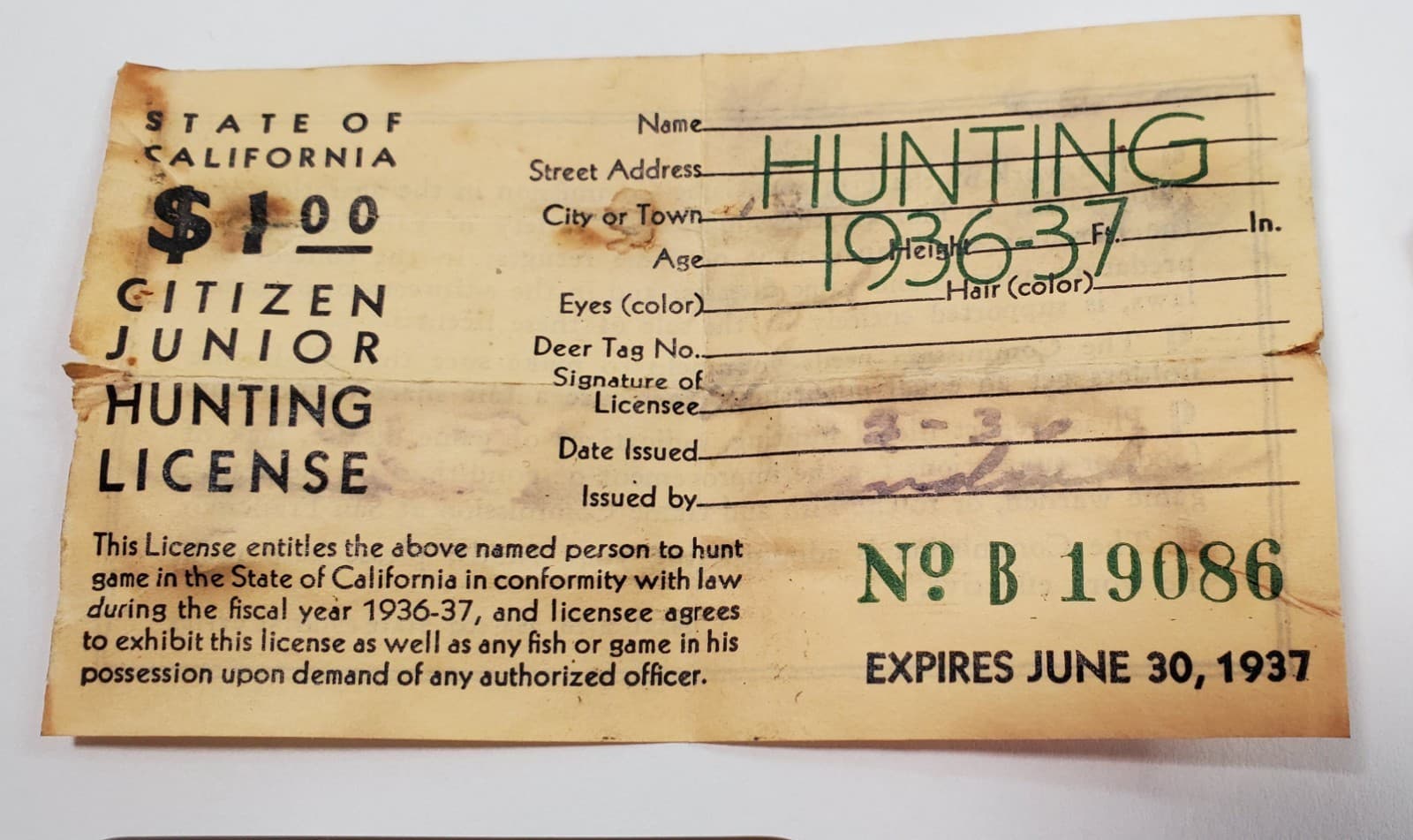 1937 California Migratory Bird License, Citizen Junior Hunting & Fishing Tickets 2