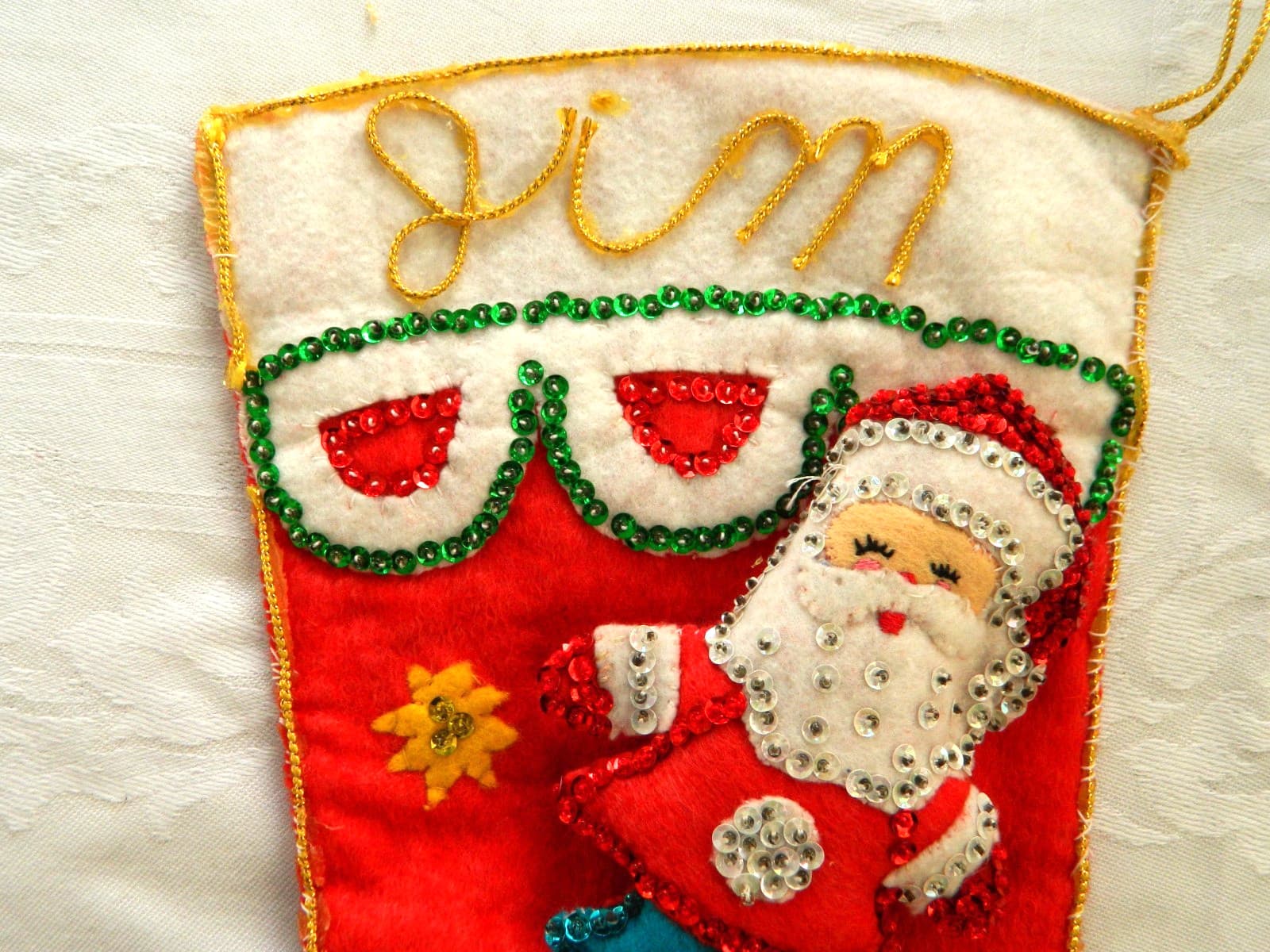 Bucilla Stocking Felt Appliqué Sequin Santa Snowman Finished Jeweled 3D Vintage 2