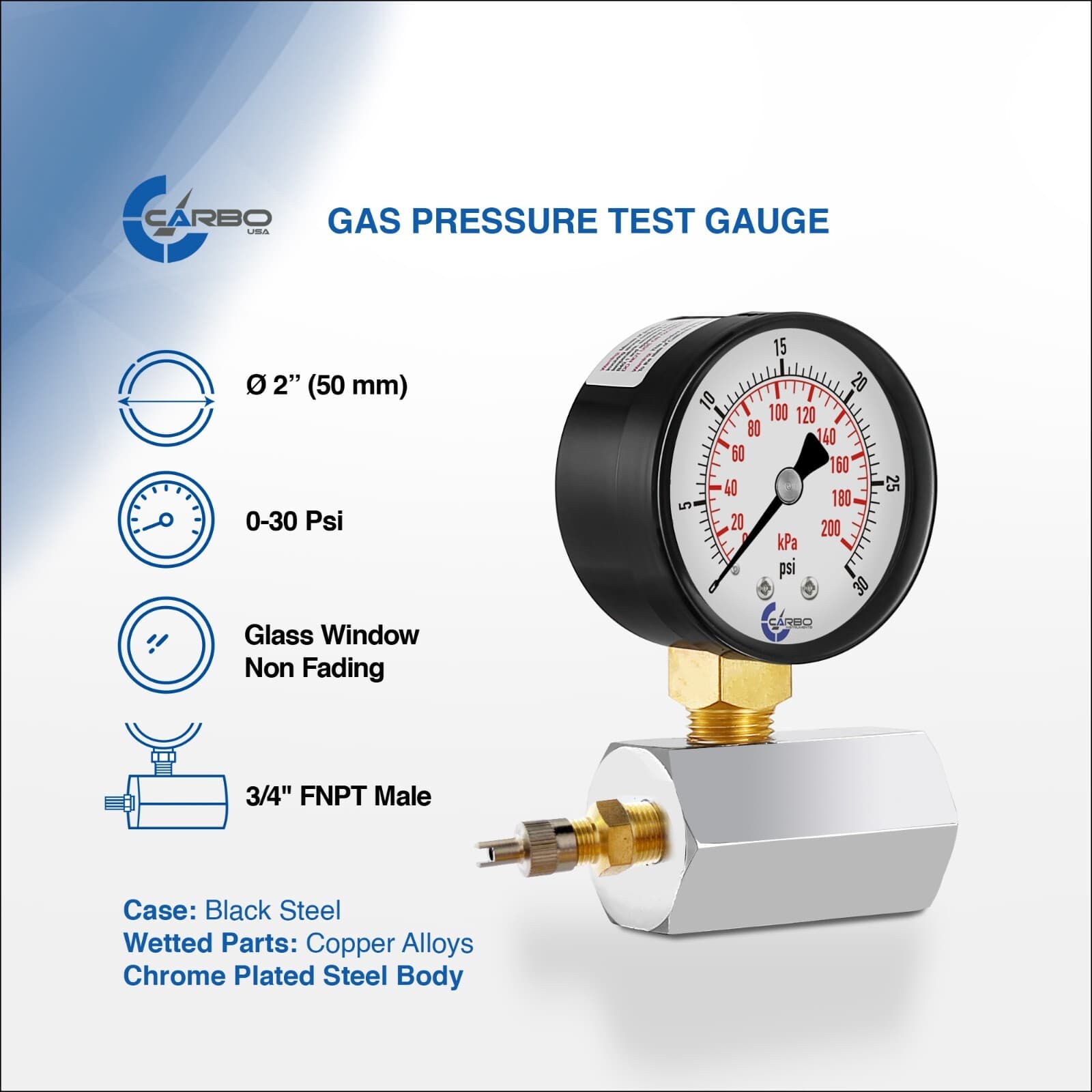 Gas Test Pressure Gauge 30 Pound, 30 PSI / 200 kPa 3/4” FNPT Connection Assembly 2