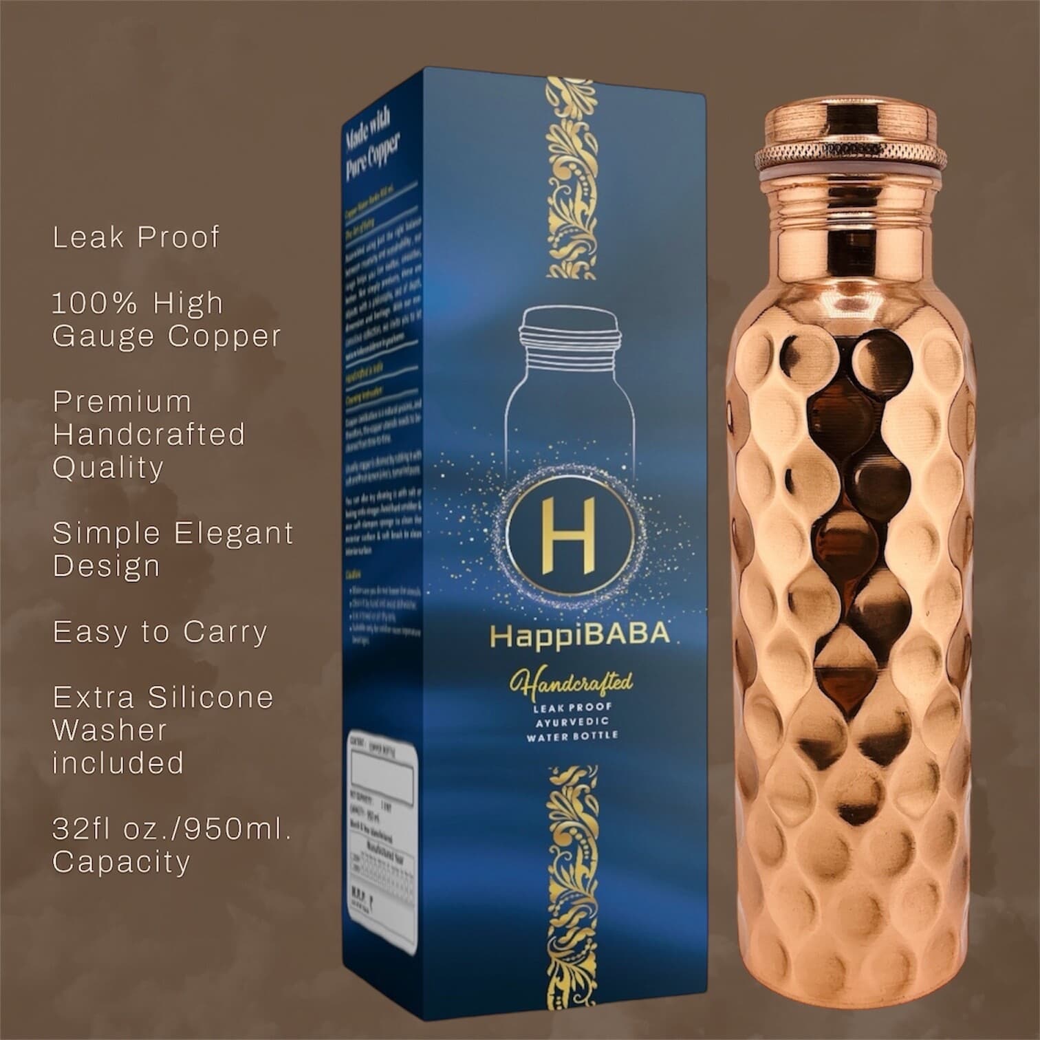 100% Pure Copper Water Bottle Hammered 32oz Leak Proof Lid w/Extra Silicone Ring 2