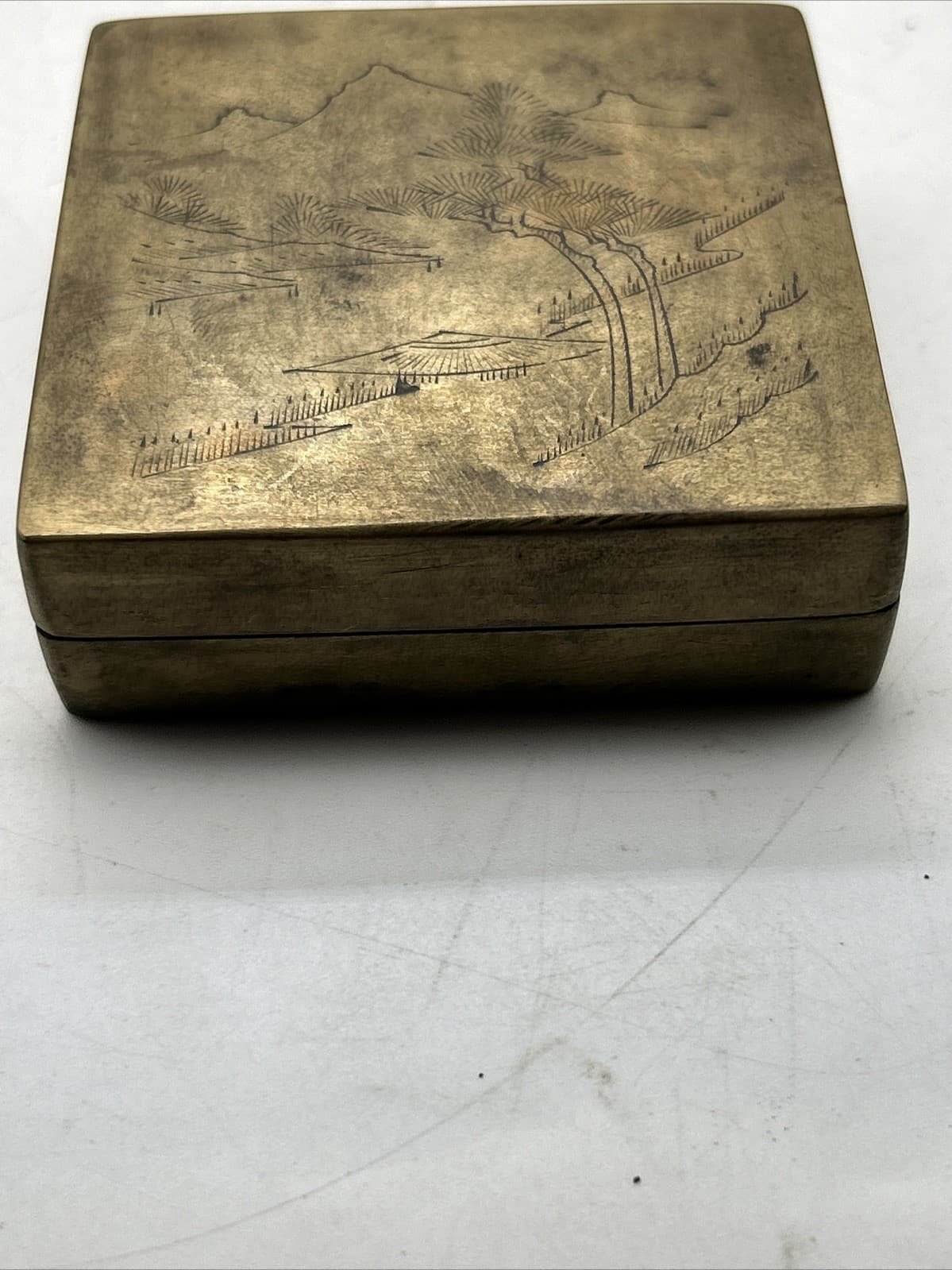 Vintage Brass Bronze Chinese Village Mountain Engraved Ink Box 3x3” 4