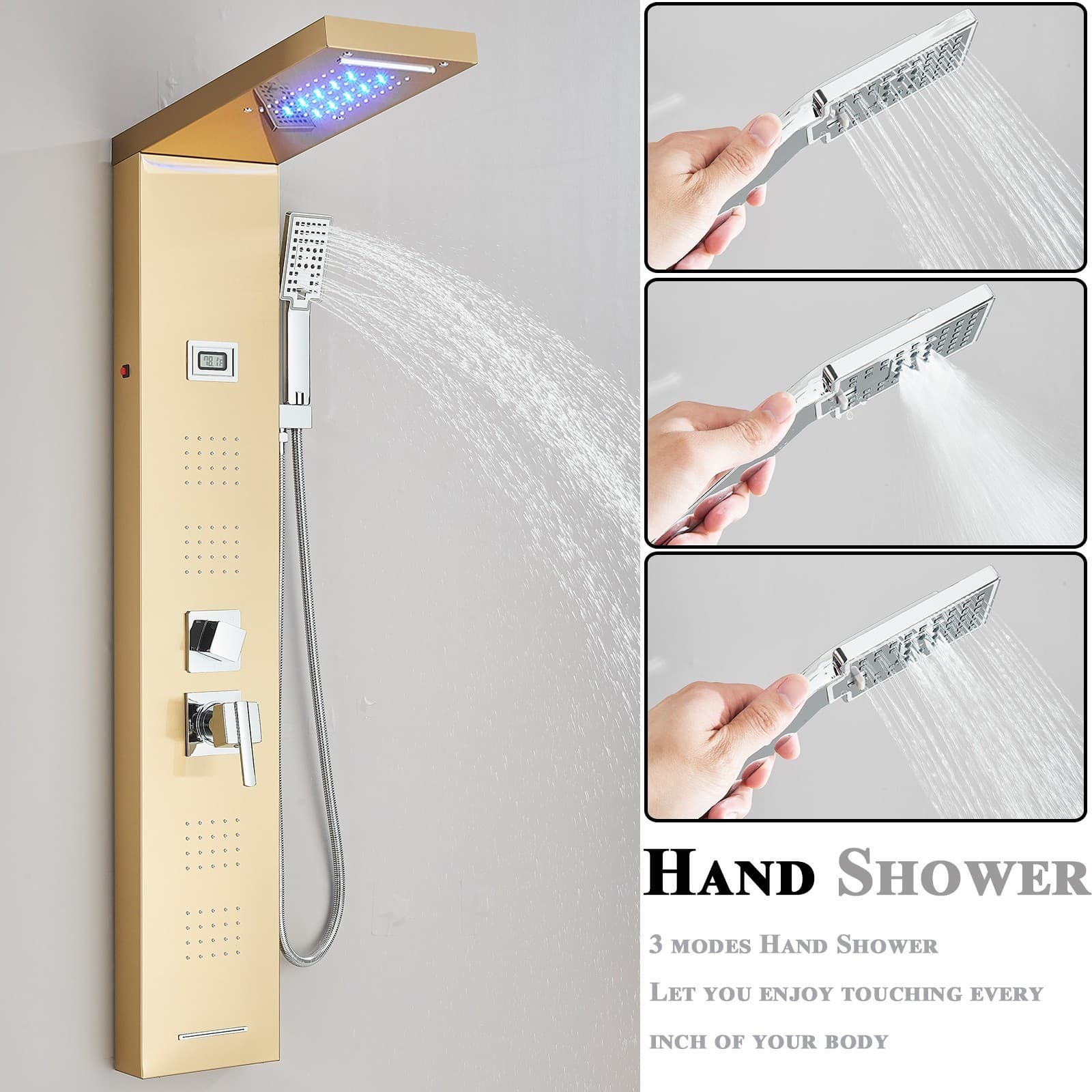 Stainless Steel Gold Shower Panel Tower System LED Rain Waterfall Massage Jets 6