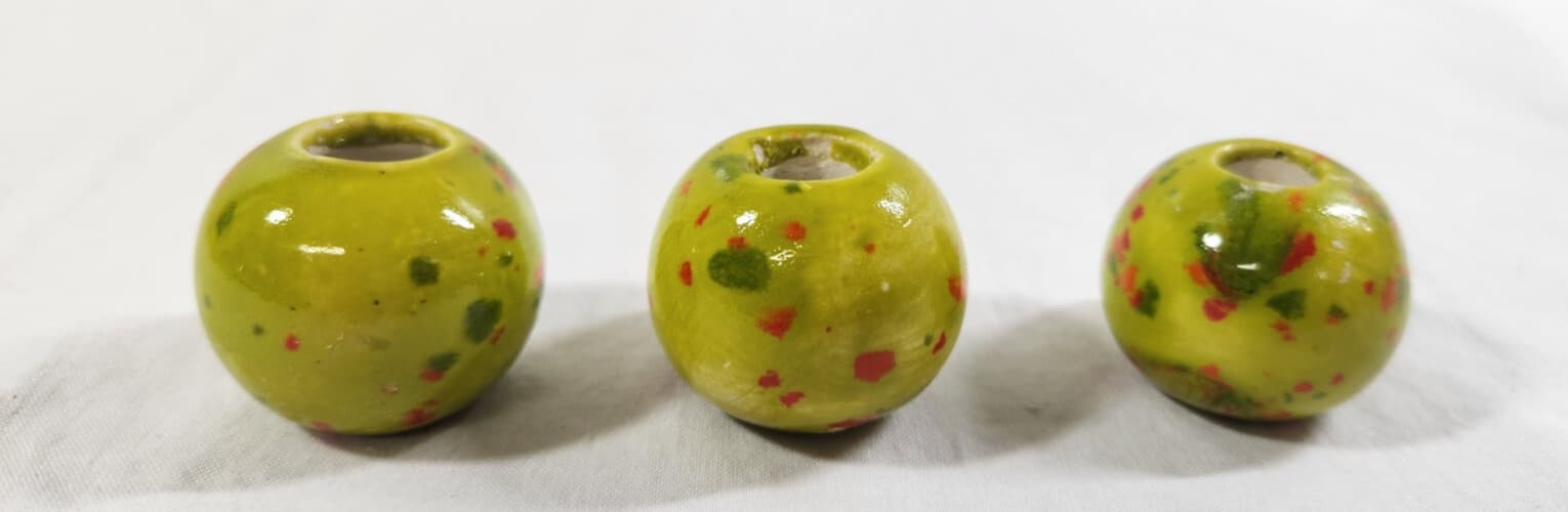 3 Vtg Green Specked Round Ceramic Macrame Beads 3