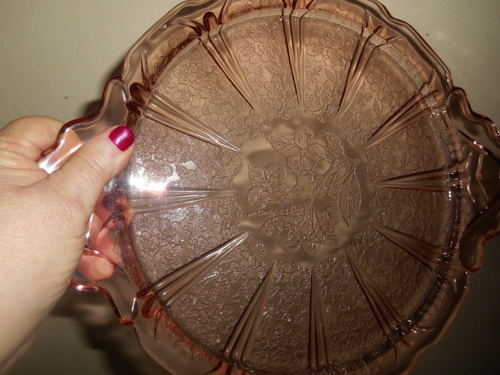 Excellent Jeanette Pink Cherry Blossom depression glass 12 5/8" Handled Tray 4