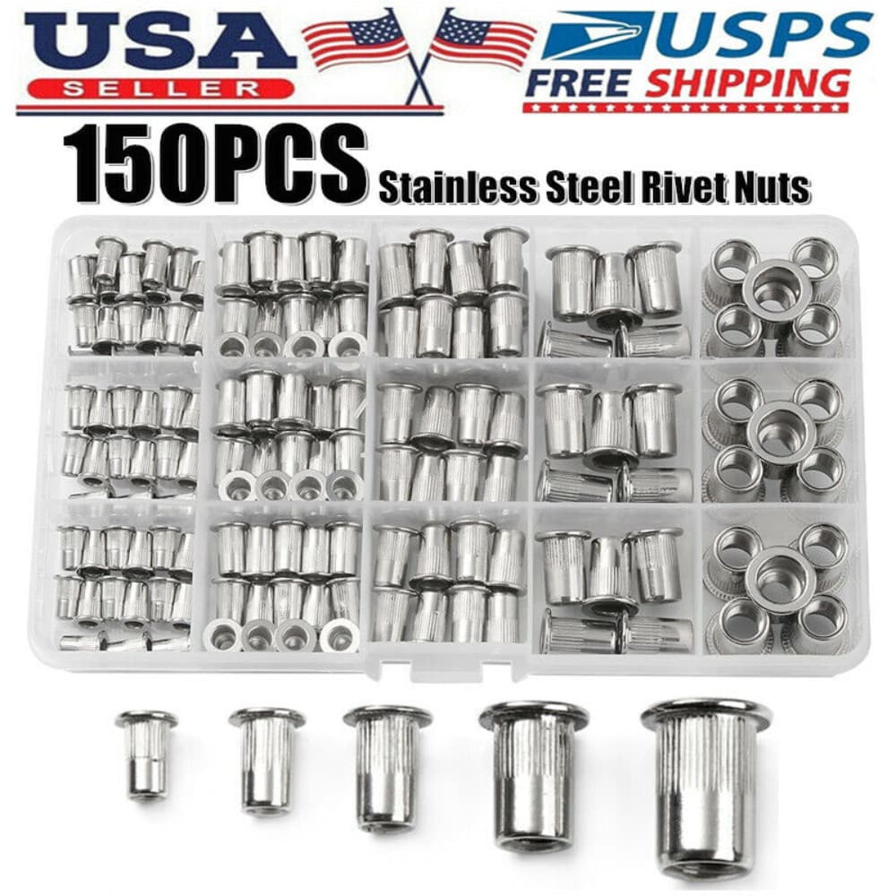 150Pcs Rivet Nuts Stainless Steel Threaded Insert Nut Nutsert Rivnuts Flat Head