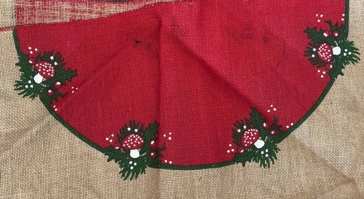 Vtg Scandinavian Christmas Tree Skirt – Painted Mushrooms Candles on Burlap Jute 5