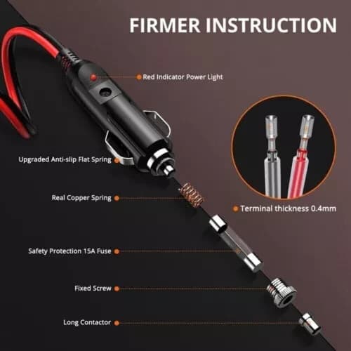 2Pcs Fused Male Car Cigarette Lighter Socket Plug Connector Cable Leads 12V~24V 3