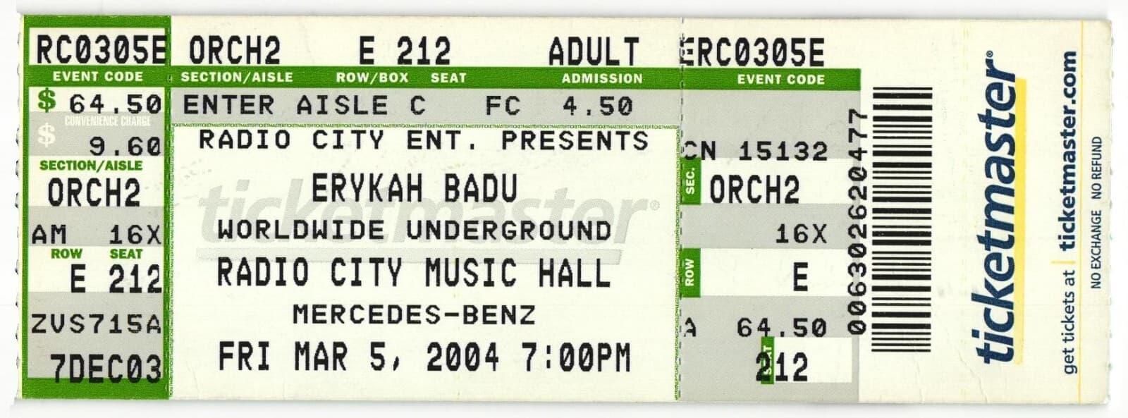 2005 Erykah Badu Full Complete Concert Ticket Stub New York NY