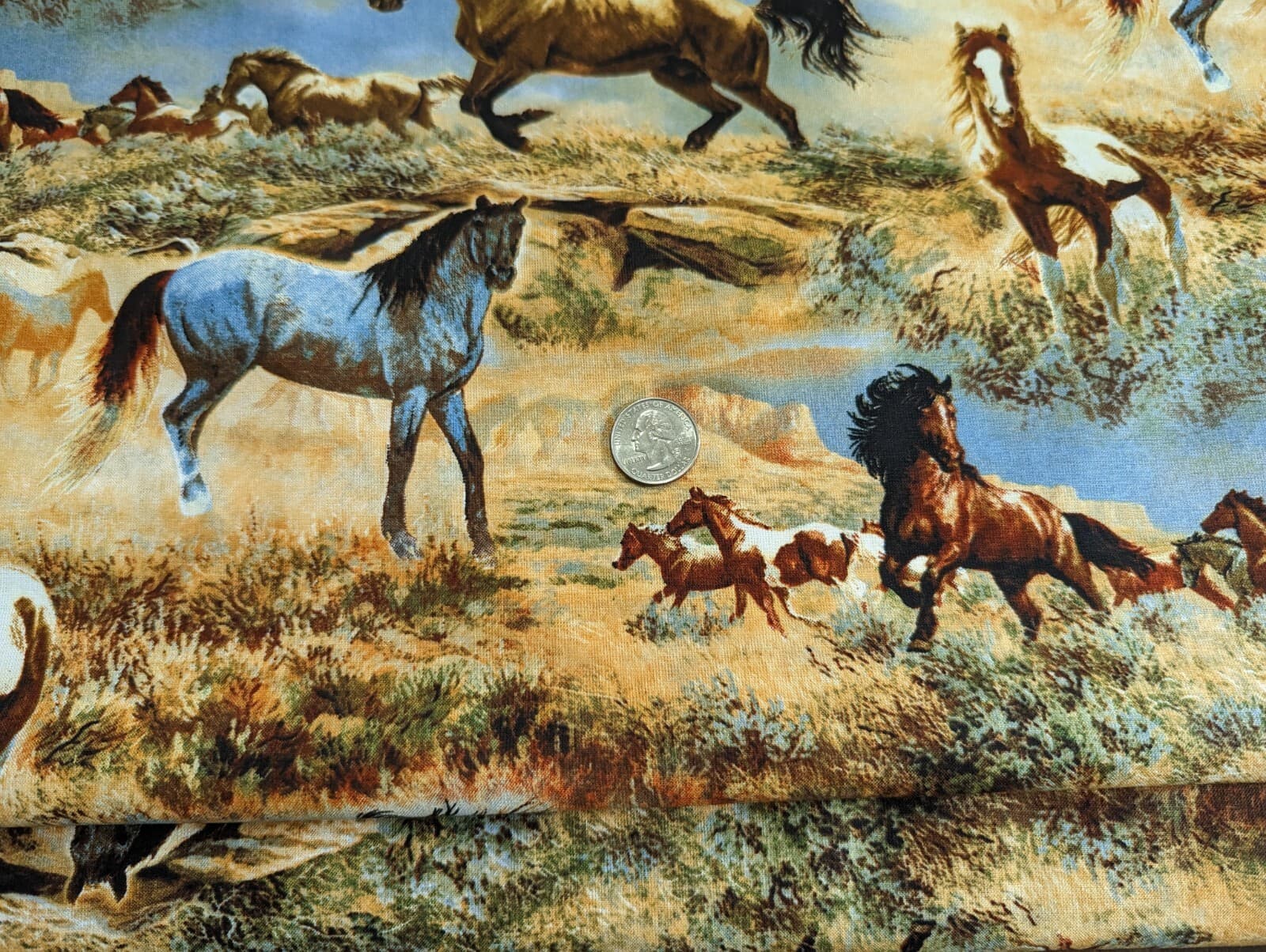 1Yd+15"/43" 100% Supima cotton woven Fab  "Horses in the Prairies"-NOT TOSS- NEW 3
