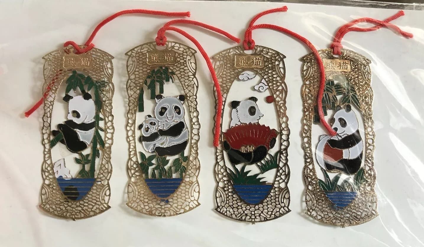 Oriental Asian Lot Of 4 Bookmarks W Panda Bears & Lucky Knot Wall Hanging VTG 2