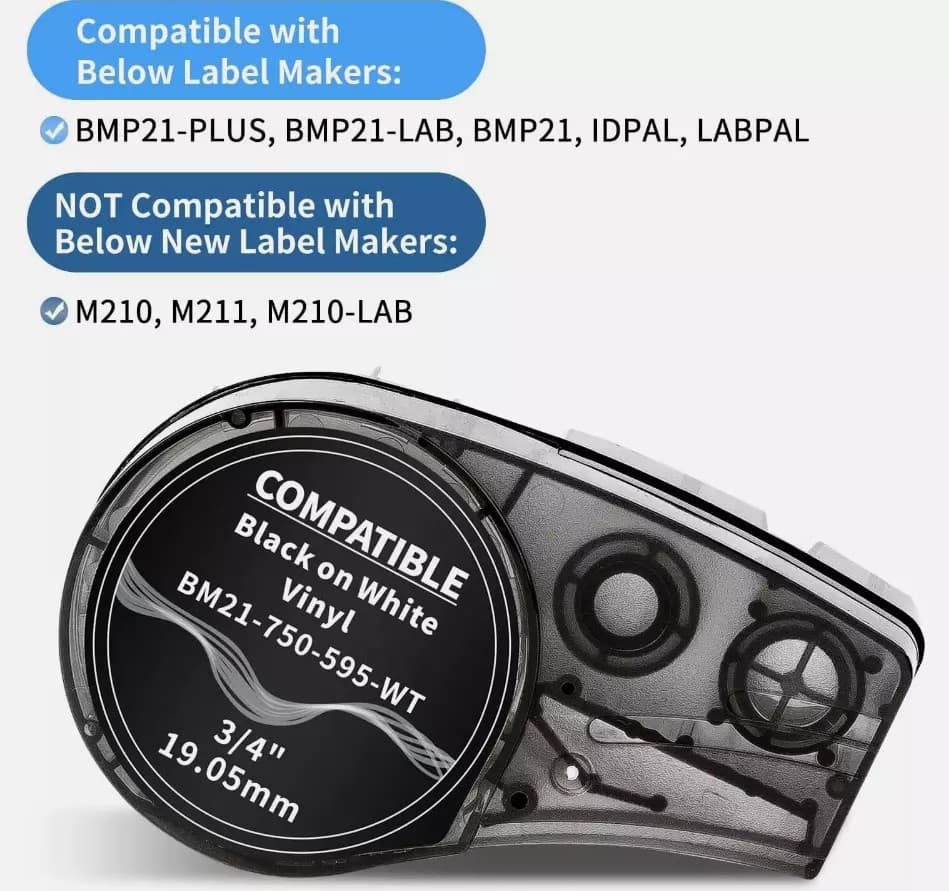 5PK For BMP21 Label Cartridge M21-750-595-WT Black/White Vinyl 3/4" x21' 4