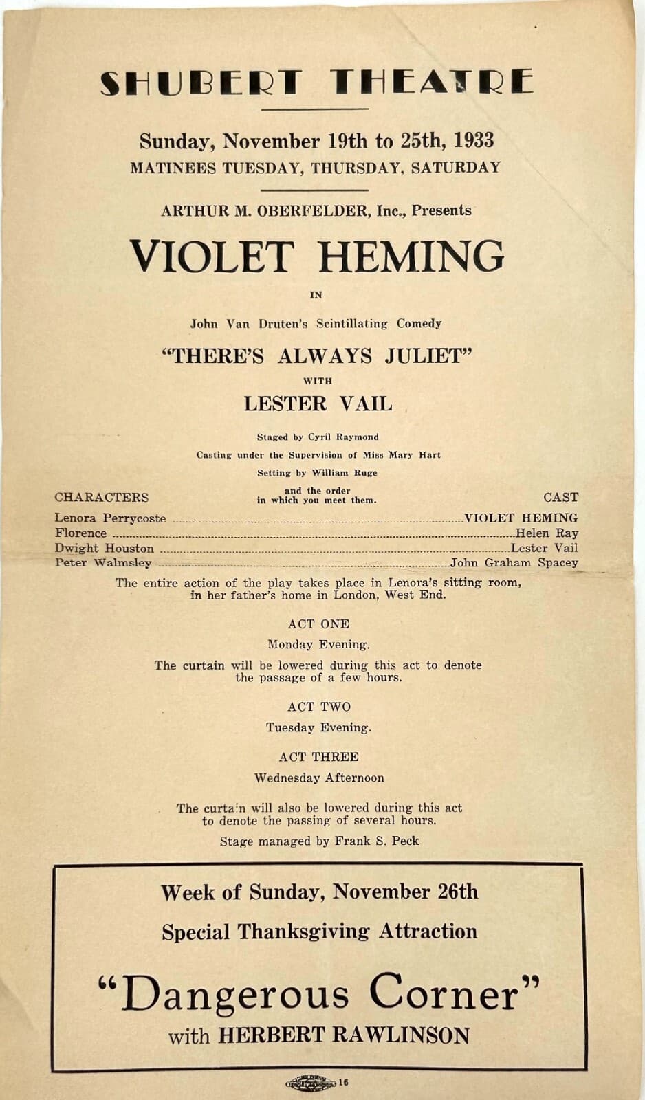 Vintage Original 1933 SHUBERT THEATRE Playbill/Synopsis - Kansas City, MO