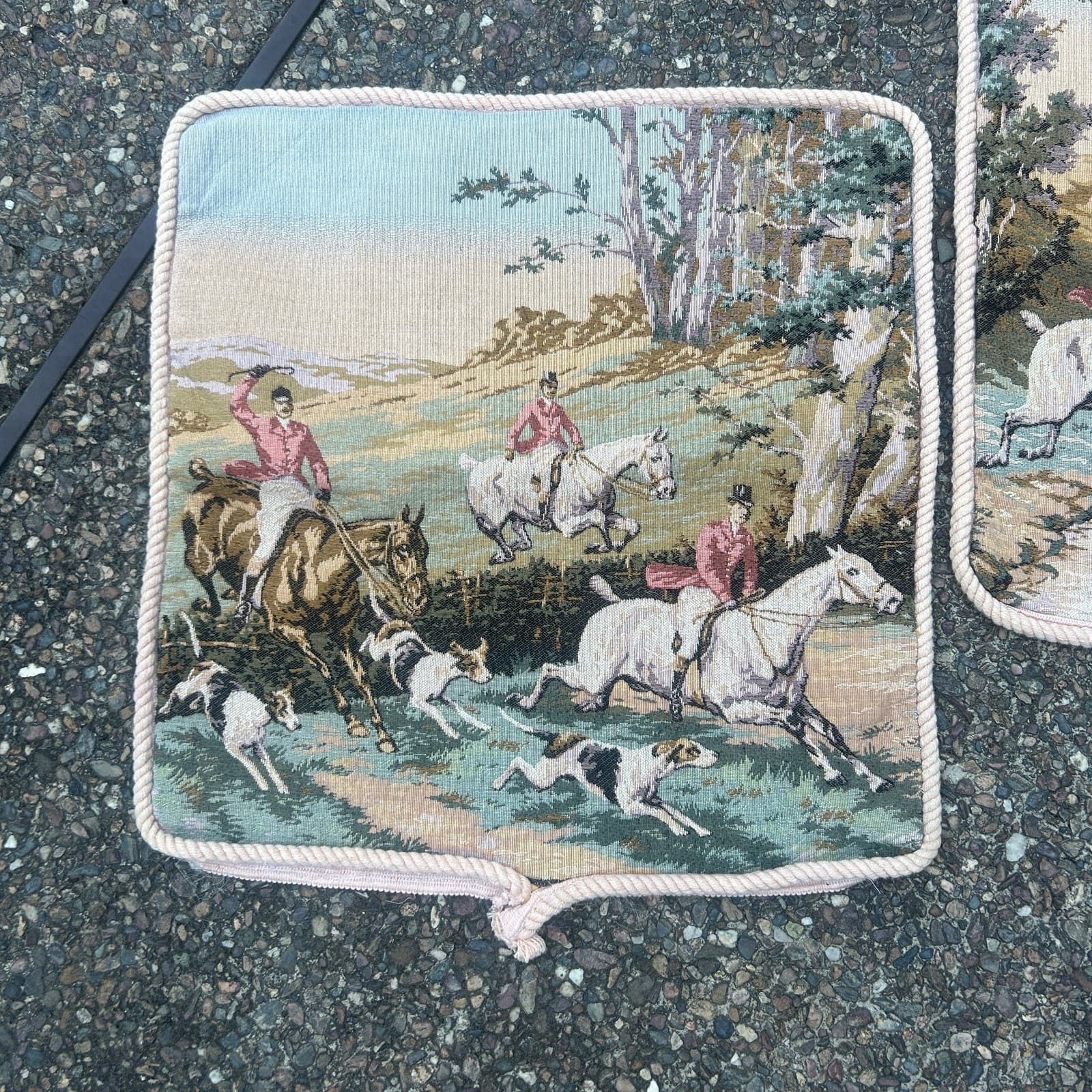 Vintage Equestrian Fox Hunt Tapestry Pillow Shams A Pair 5