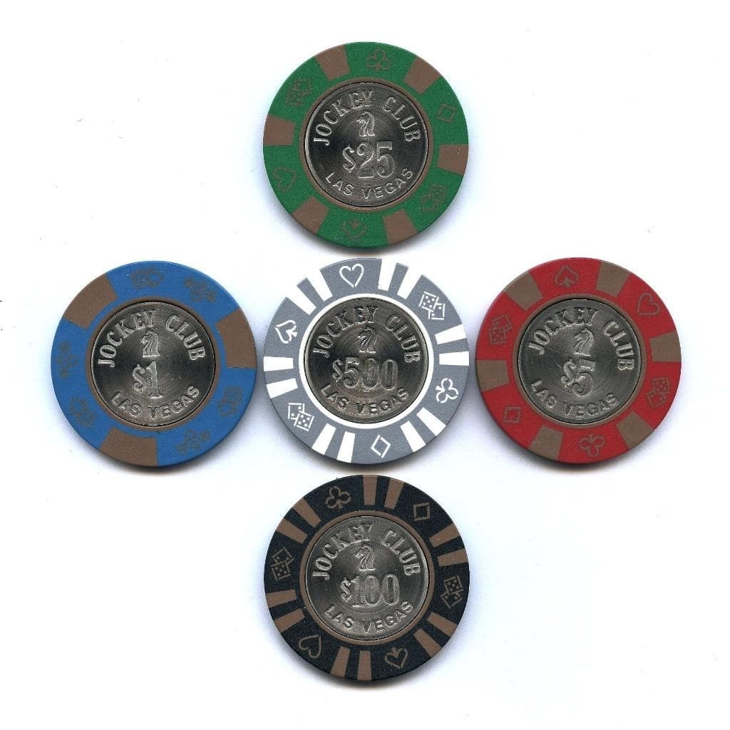 1983 JOCKEY CLUB Set Of (5) Casino Chips $1, $5, $25, $100 & $500 Las Vegas, NV 2