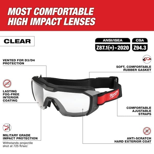 Milwaukee Tool 48-73-2060 Safety Goggles Goggles, Tpv Frame, Clear Lens, 3
