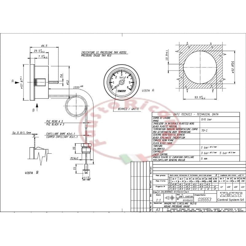 IMIT HYDROMETER PRESSURE GAUGE Ø 53 WITH CAPILLARY 150CM M14 COMPATIBLE WITH SAU 2