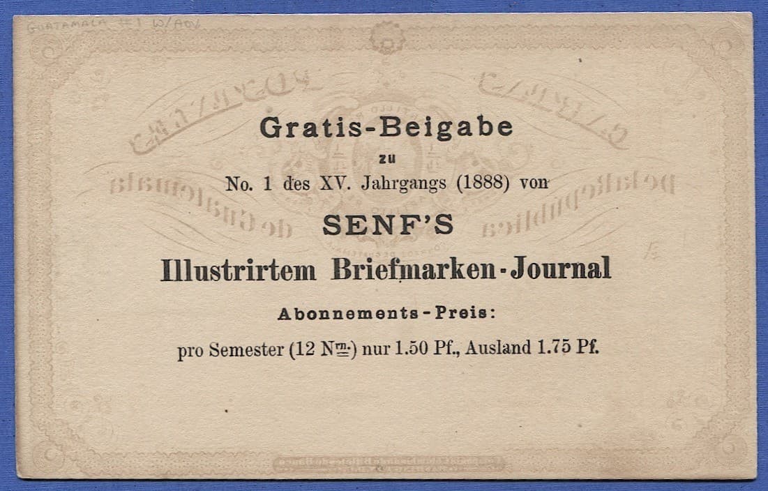 GUATAMALA  - 1888 1/4c Postal Card, SENF'S Stamp Journal - Dealer card 2