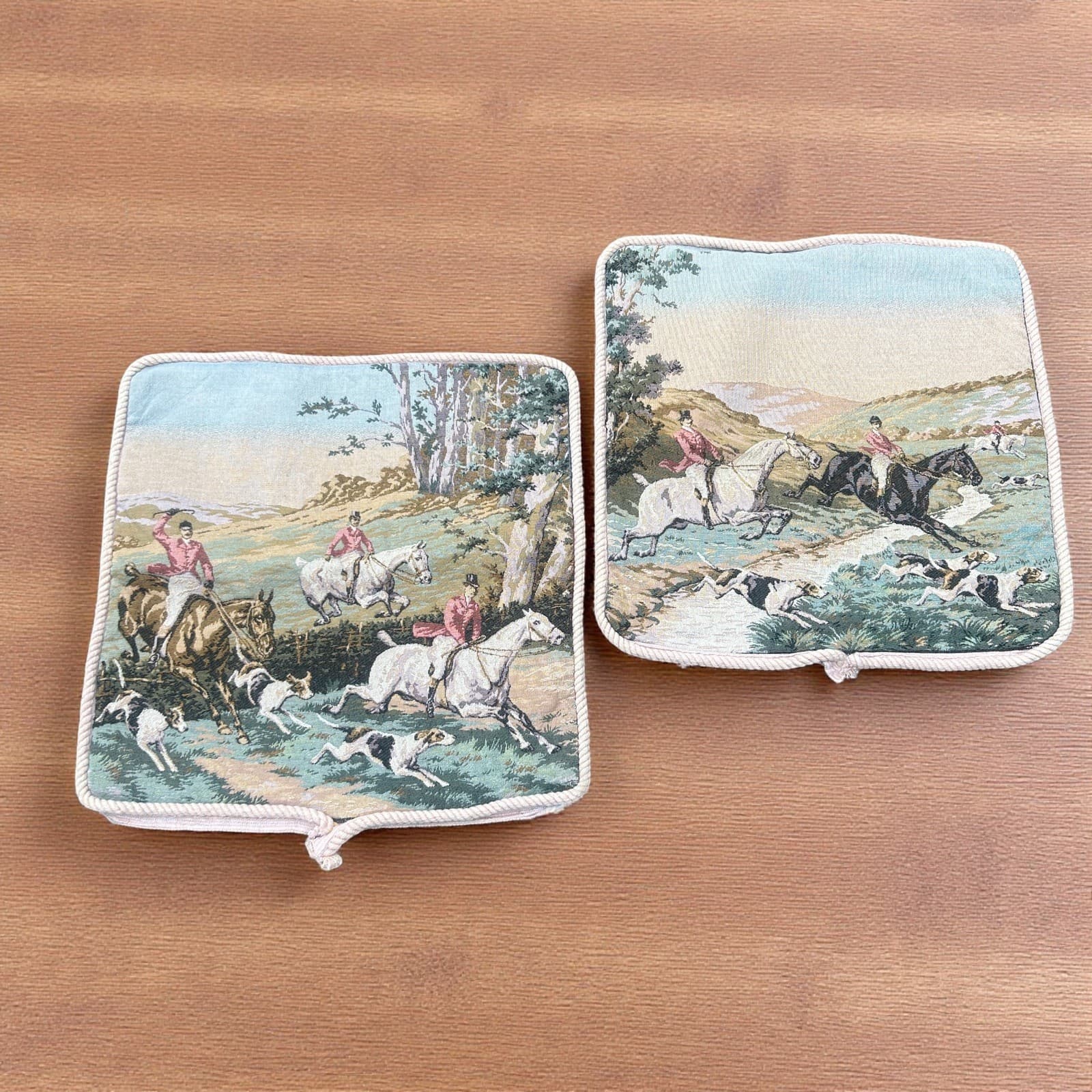 Vintage Equestrian Fox Hunt Tapestry Pillow Shams A Pair