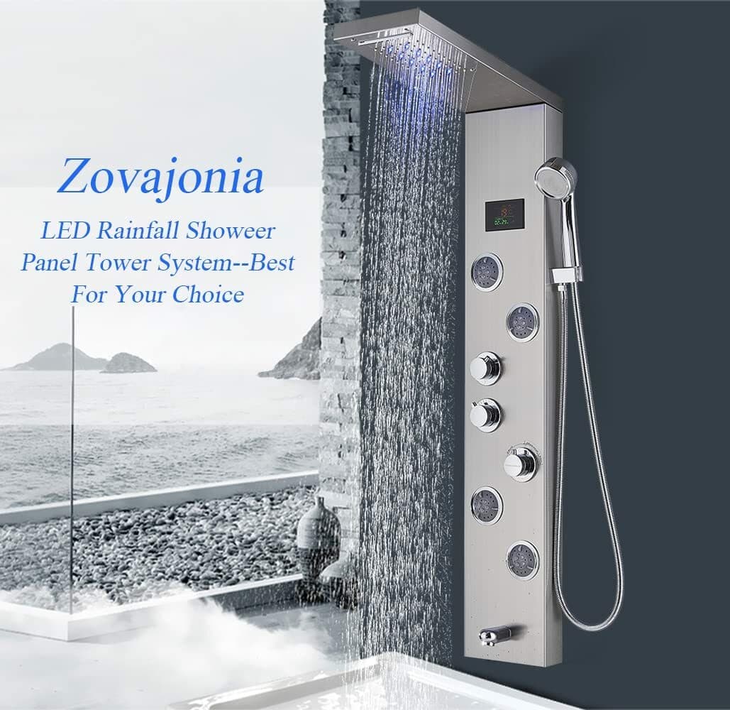 LED Shower Panel Tower Rain&Waterfall Shower Head Massage Full Body System Jets 6