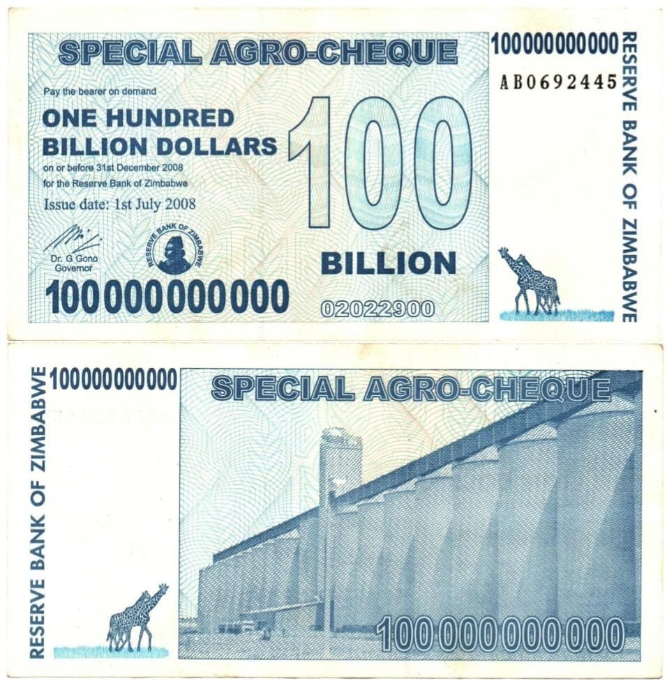 Zimbabwe 100 Billion Special Agro Cheque 2008, P-64 USED x 100 pcs, Banknote COA 3