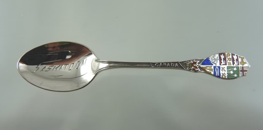 STERLING & ENAMEL SOUVENIR SPOON SASKATOON CANADA BY makers mark rubbed