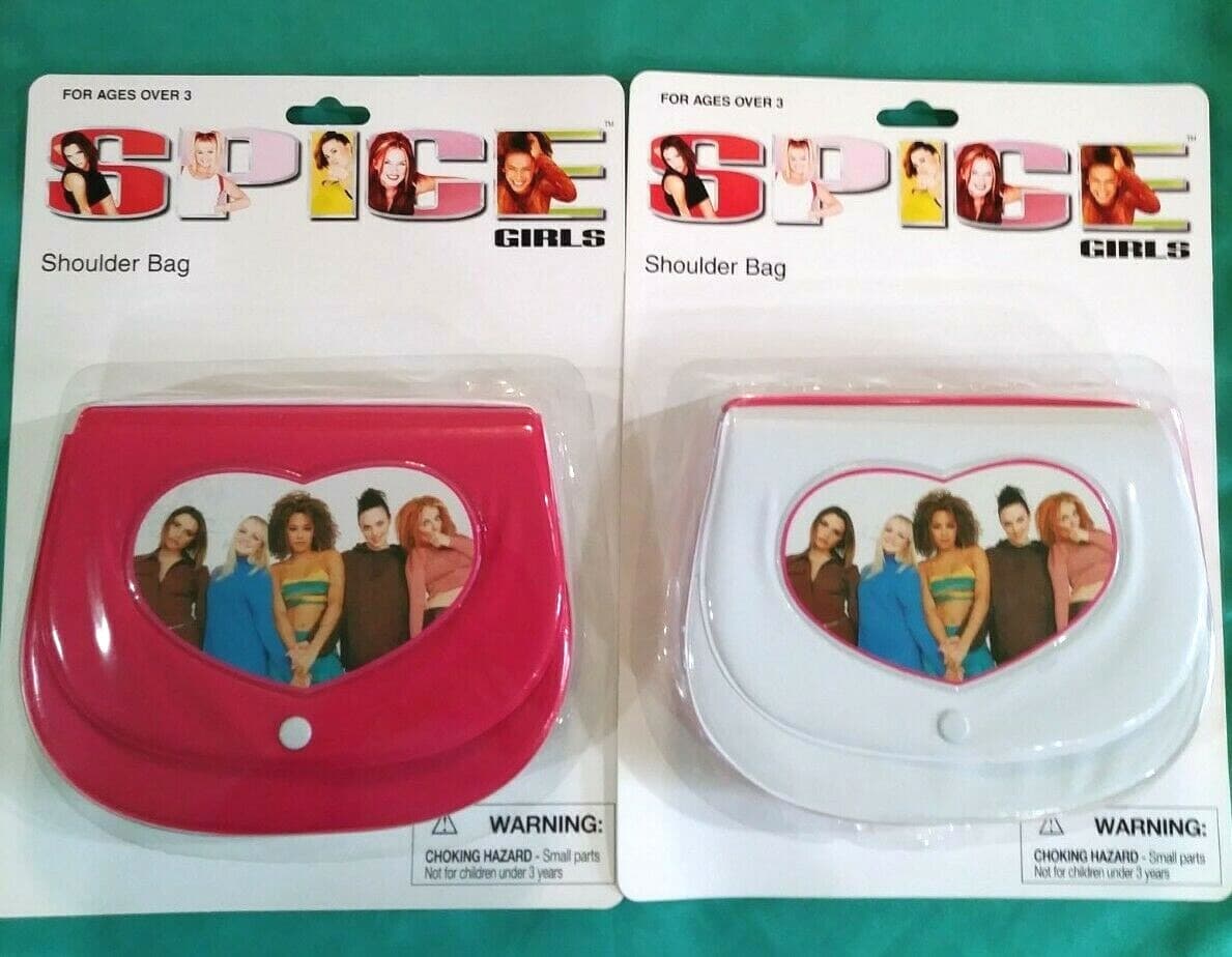 2 DIFFERENT VINTAGE SPICE GIRLS SHOULDER BAGS MINT ON CARDS - COLLECTORS ITEMS