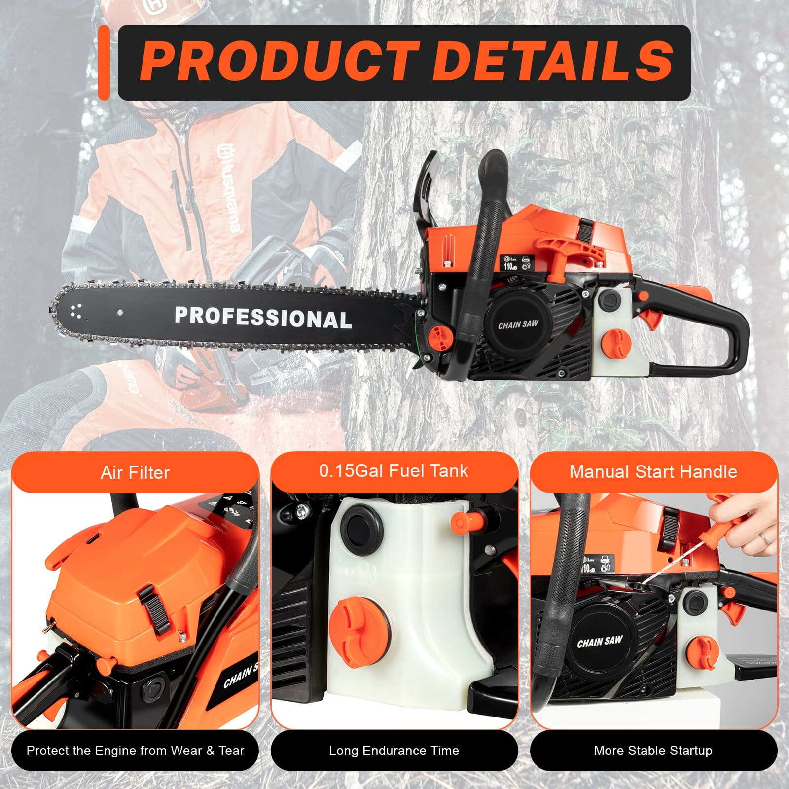 2-Stroke Gasoline Chainsaw 62 CC 20" Power Engine Wood Cutting Gas Chain Saw new 4